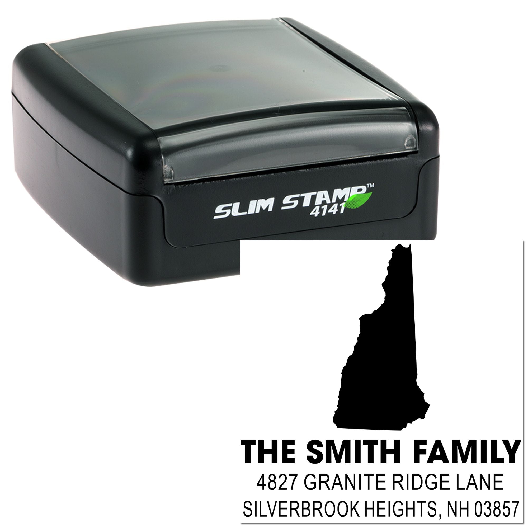 Slim self-inking address rubber stamp with custom family name and New Hampshire state outline design.