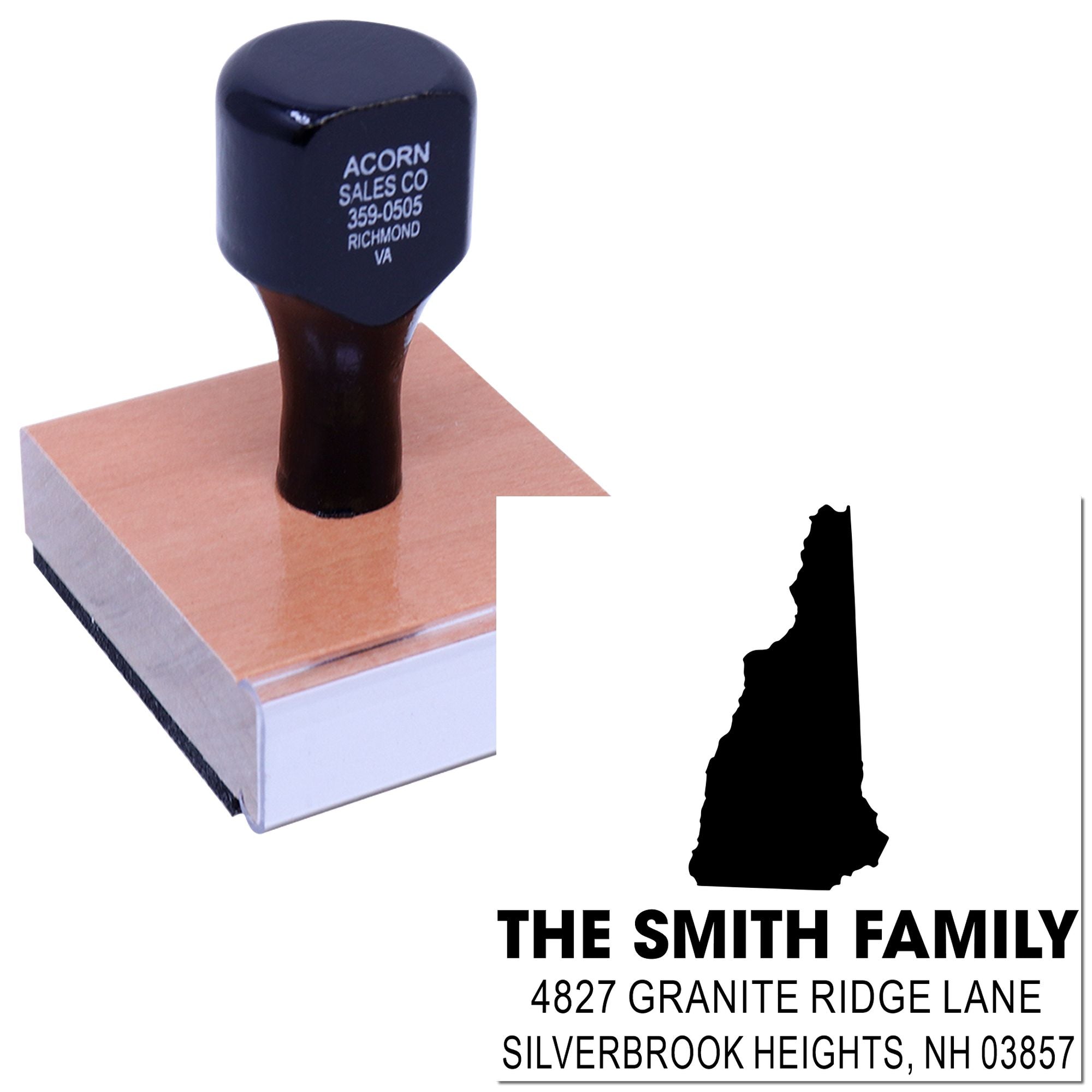 Custom self-inking return address rubber stamp for The Smith Family, featuring a New Hampshire state design and mailing address.
