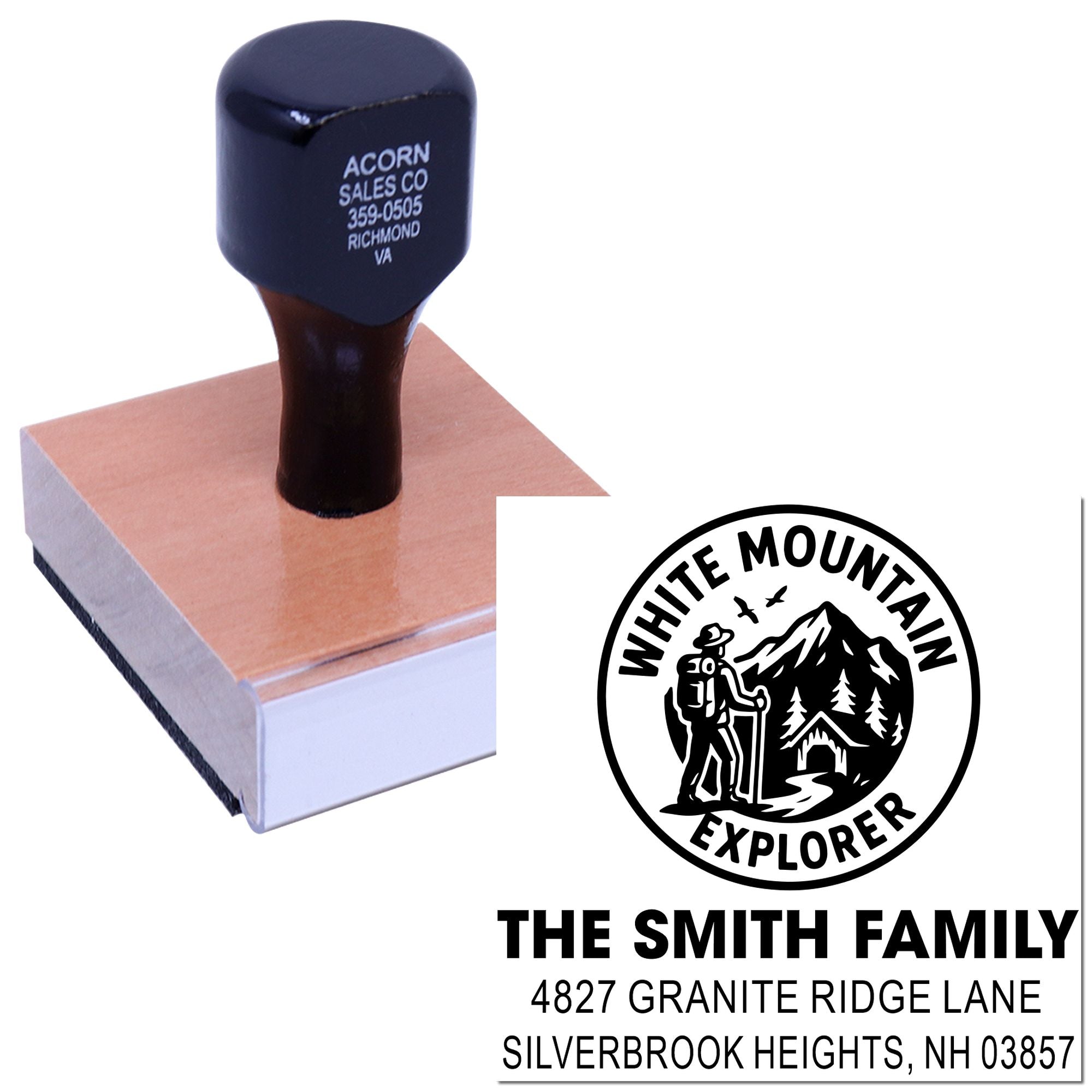 Custom self-inking rubber address stamp with White Mountain Explorer family logo and return address