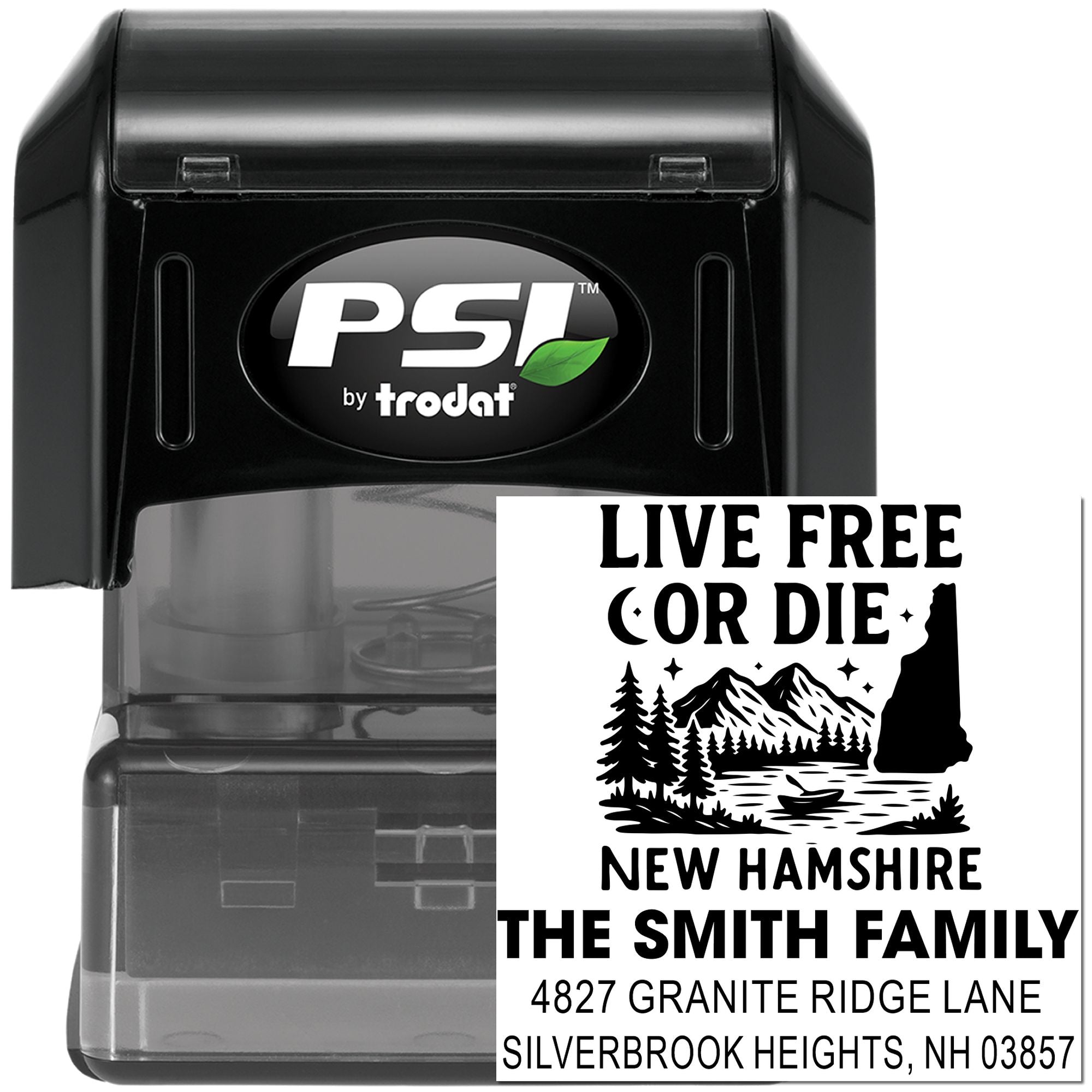 PSI by Trodat custom rubber address stamp with Live Free or Die New Hampshire family design for personalized mailing labels