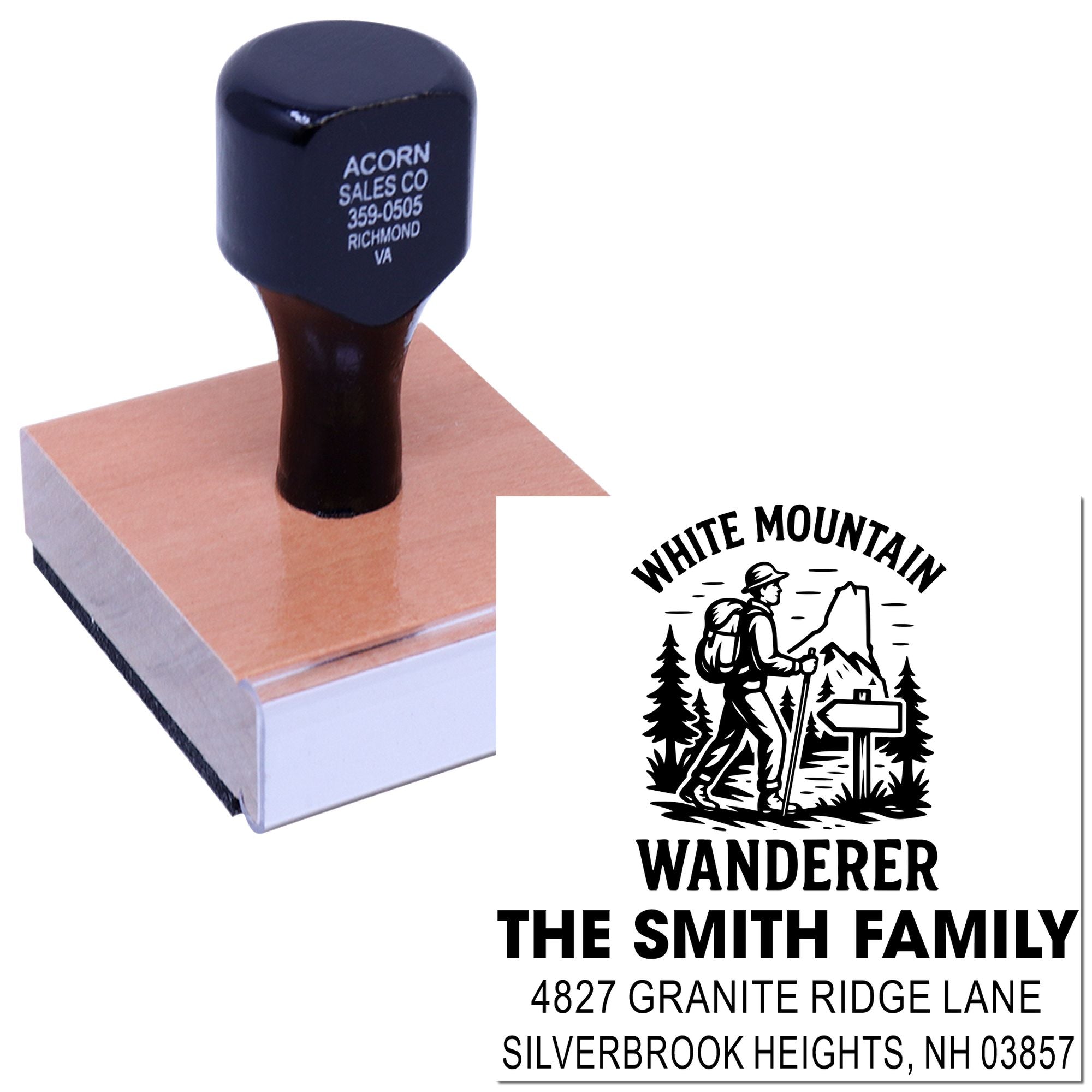 Custom rubber address stamp with hiking logo, family name, and return address for personalized mailings.
