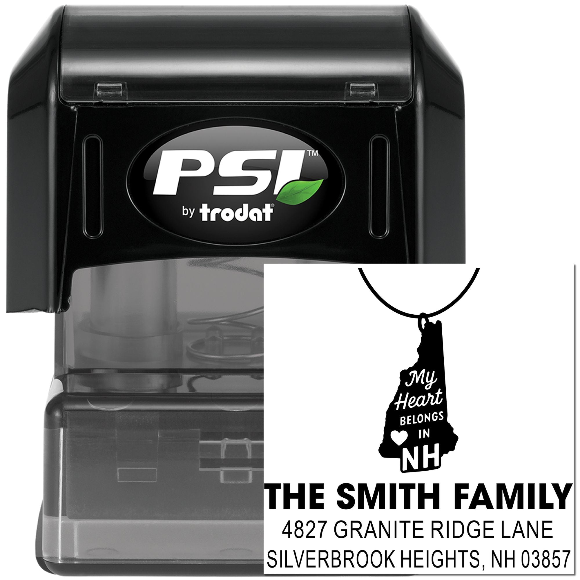 PSI by Trodat self-inking custom return address rubber stamp with New Hampshire state design for The Smith Family.