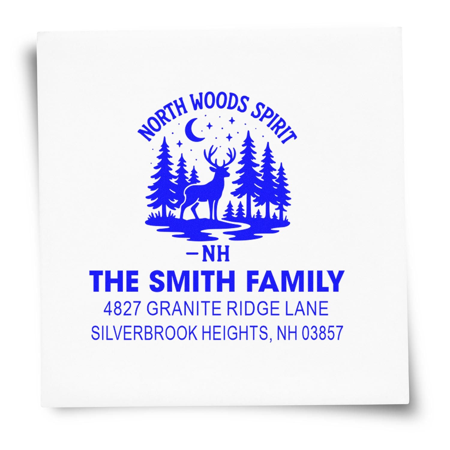 Custom North Woods Spirit rubber address stamp with deer and trees for The Smith Family, Silverbrook Heights, NH.