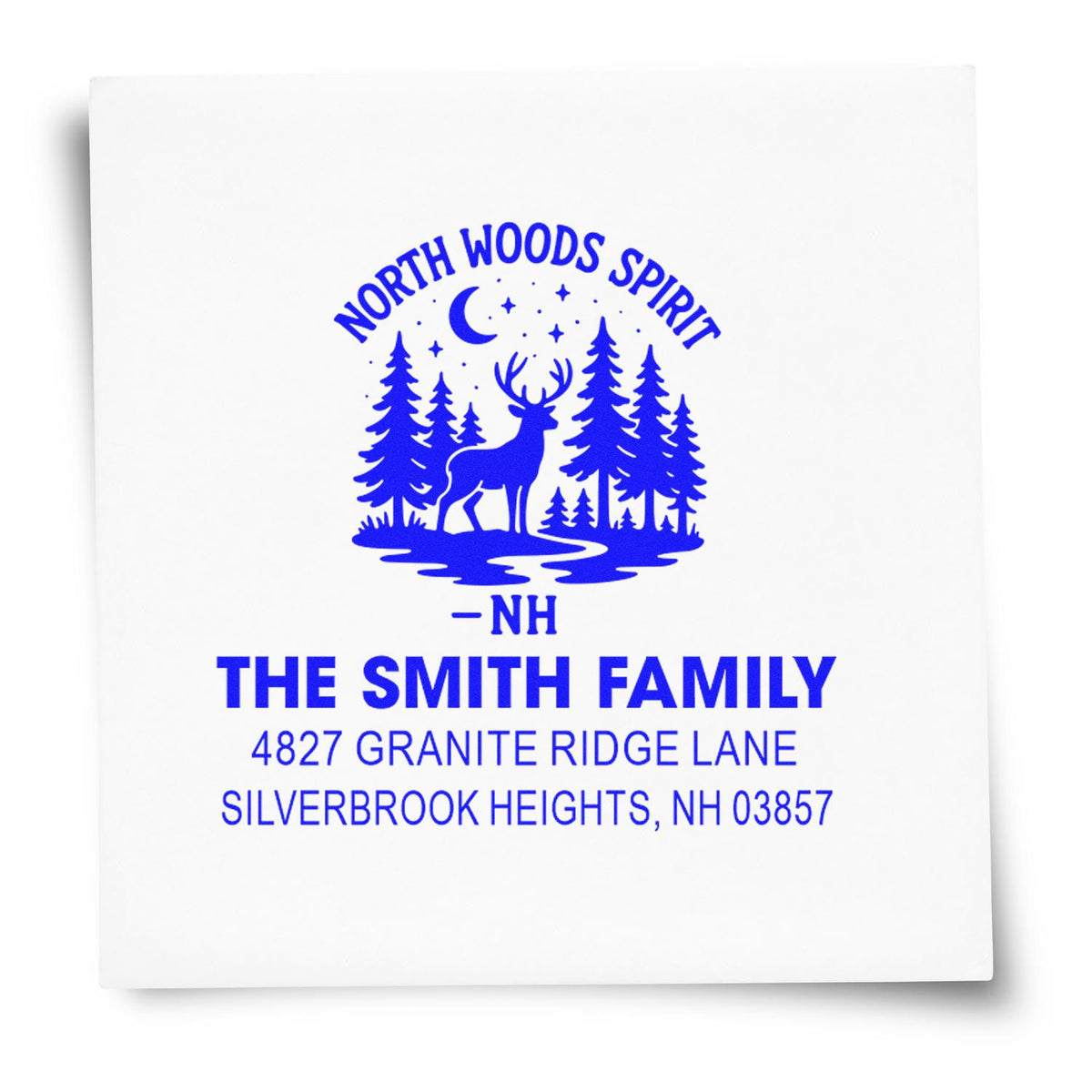 Custom return address rubber stamp for The Smith Family, North Woods Spirit design, Silverbrook Heights, NH.