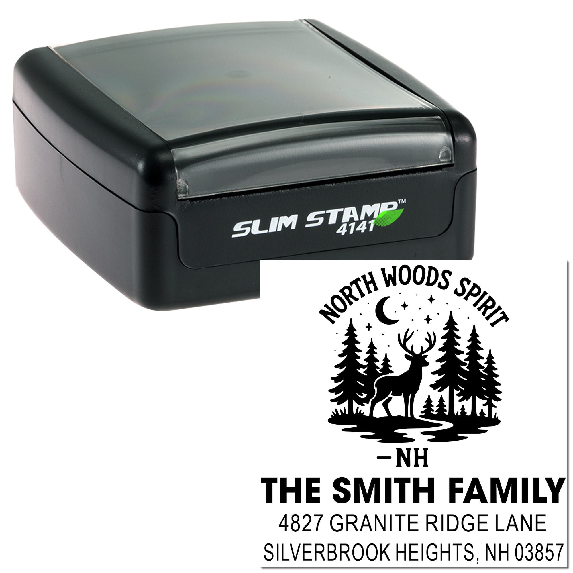Slim Stamp 4141 custom address rubber stamp with North Woods Spirit deer and pine design for The Smith Family, NH