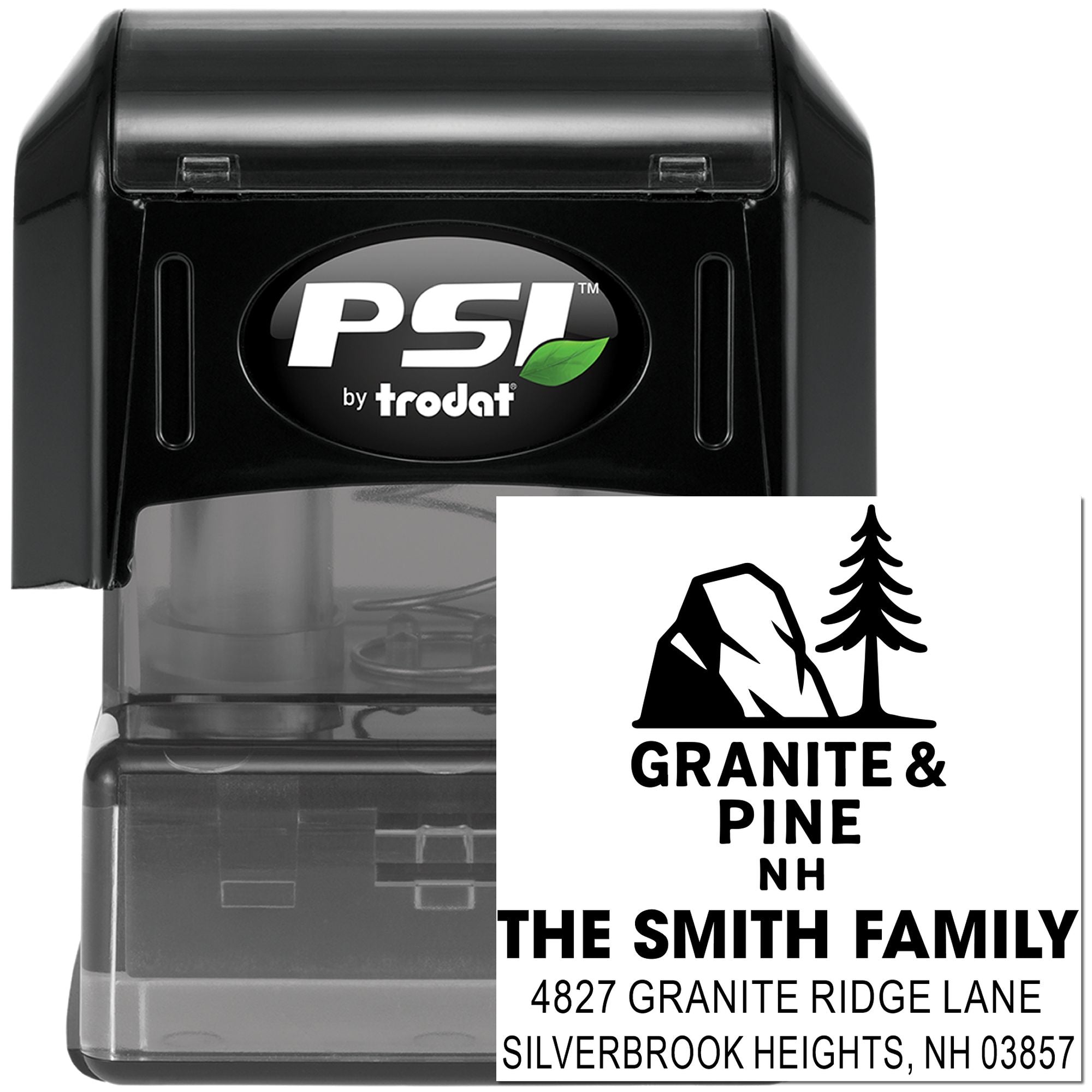 Custom PSI by Trodat self-inking address stamp for The Smith Family, Granite & Pine NH, with mountain and pine logo.
