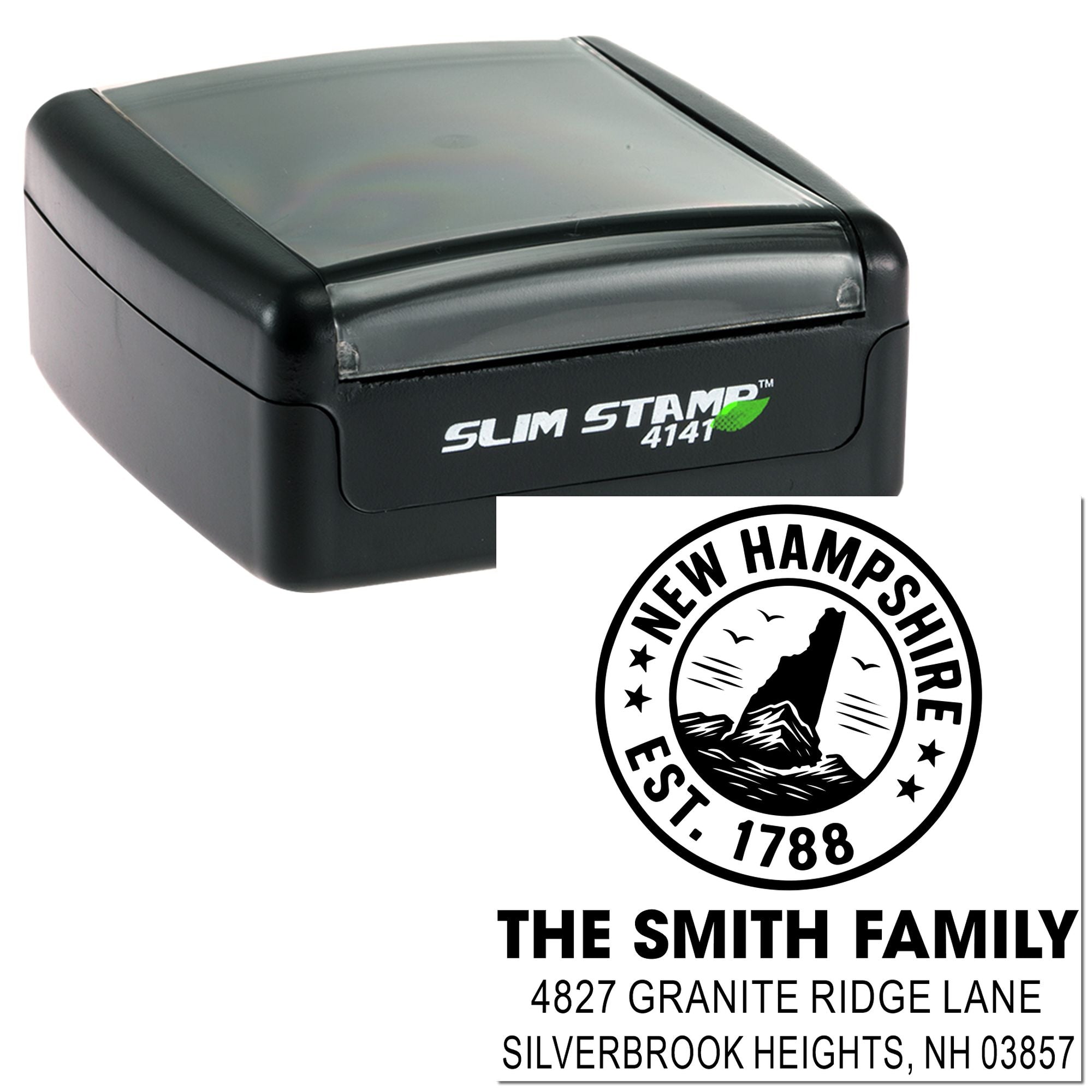 Custom self-inking rubber stamp for New Hampshire family return address labels and envelope mailing.