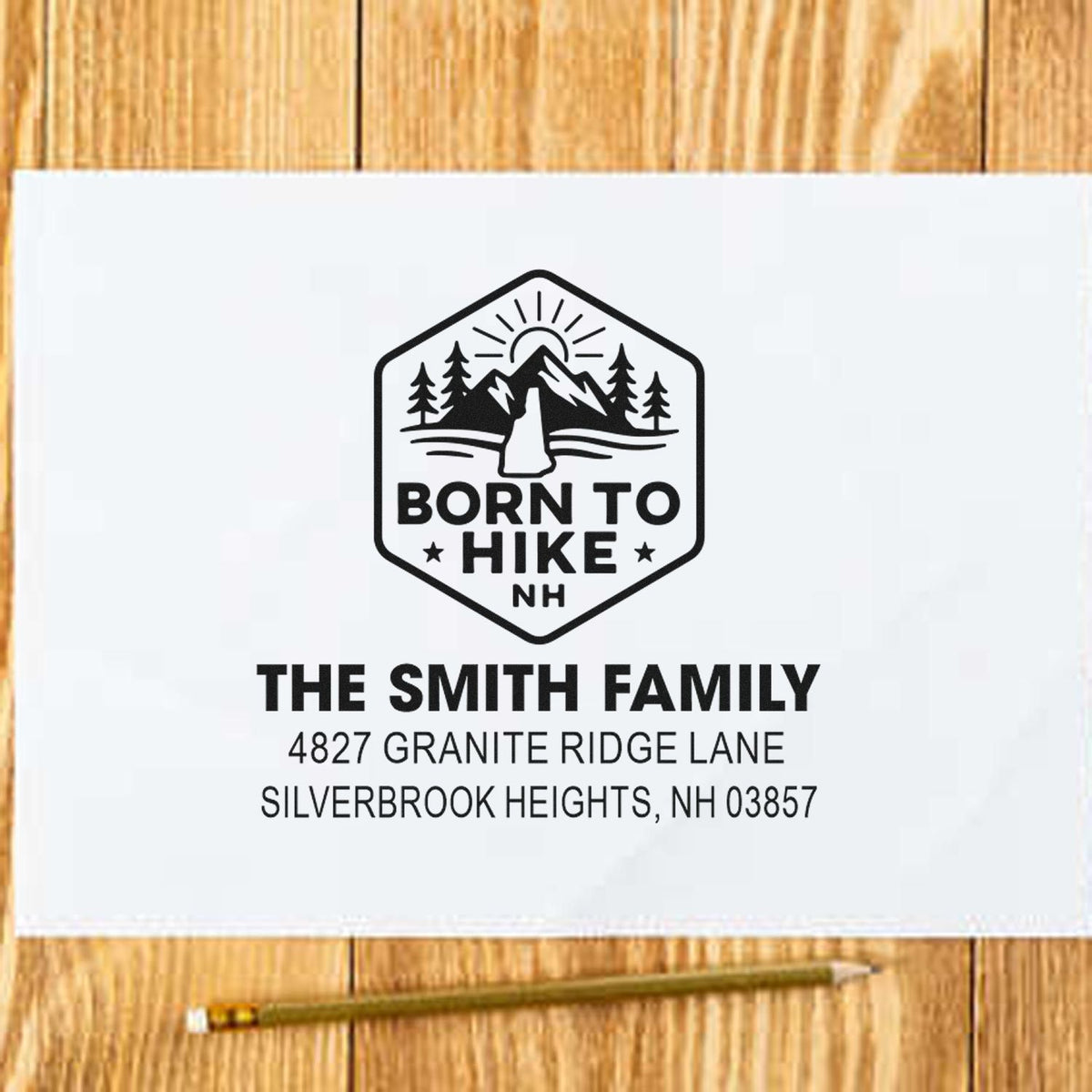 Personalized family address rubber stamp with Born to Hike NH mountain logo for The Smith Family.