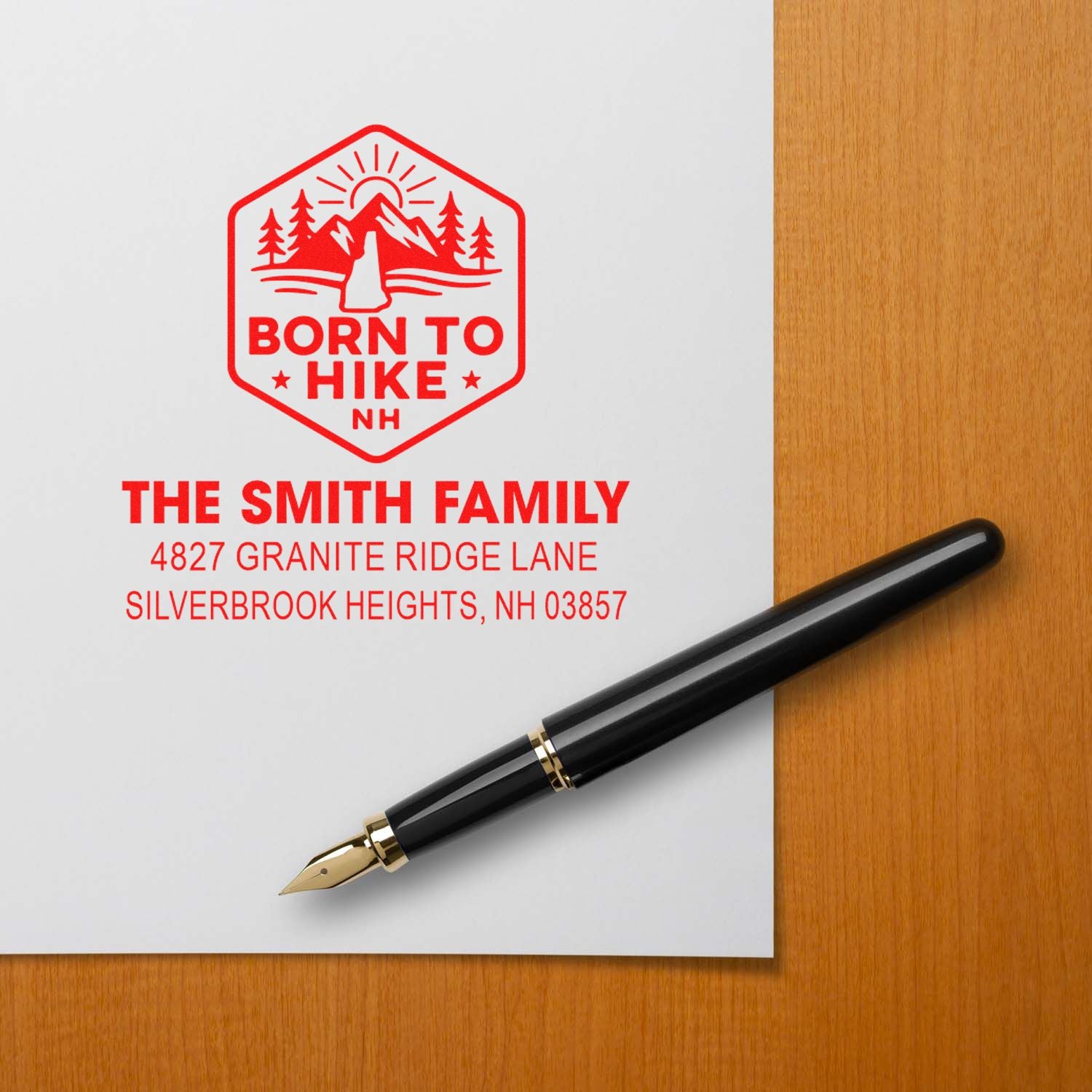 Custom return address rubber stamp with Born to Hike NH mountain logo for The Smith Family