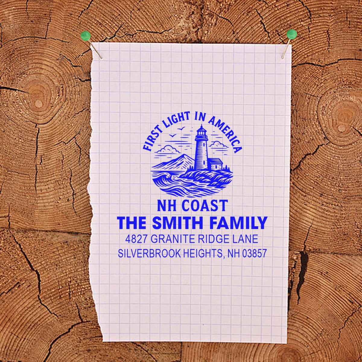 Custom rubber address stamp for The Smith Family, NH Coast, with First Light in America lighthouse design.
