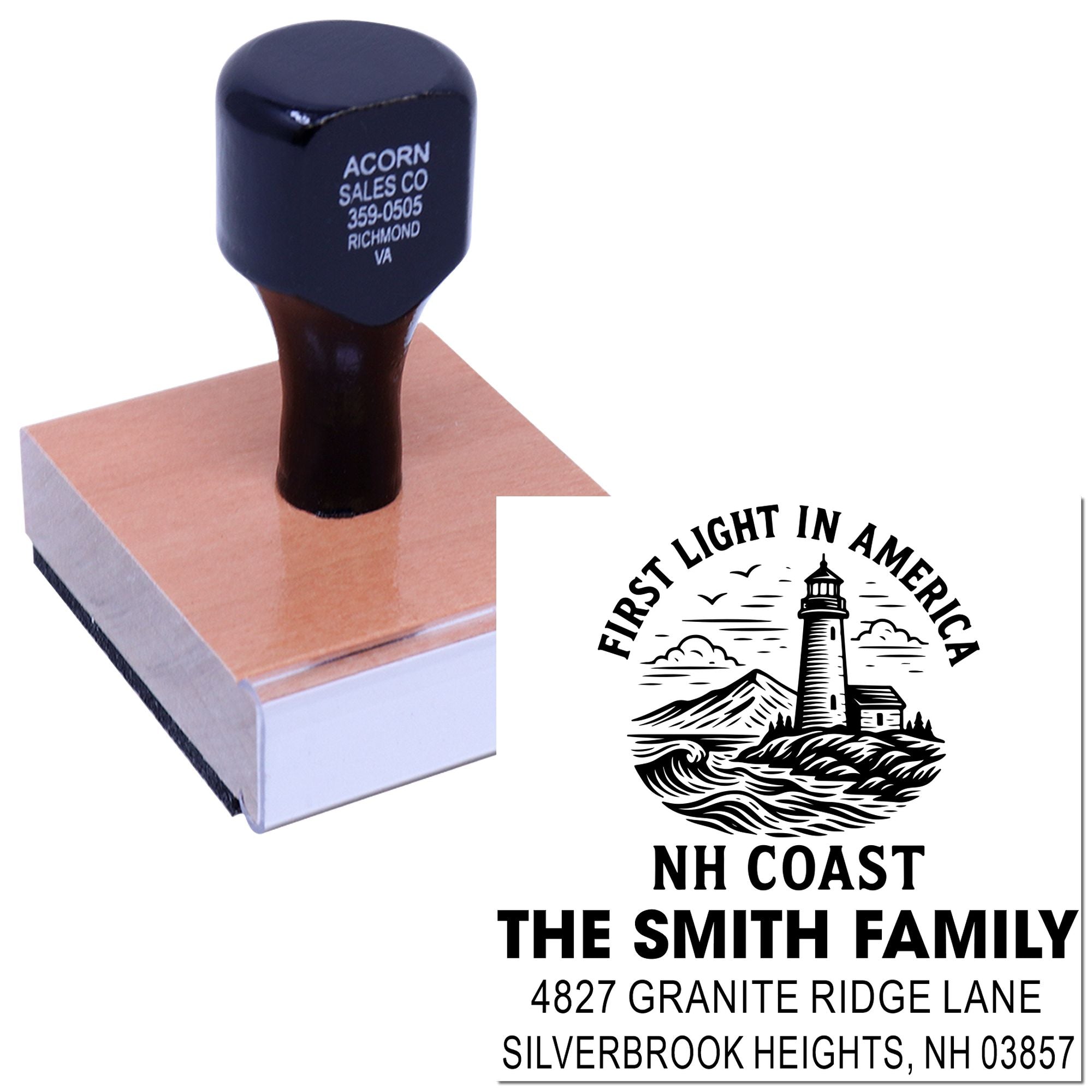Custom rubber stamp with lighthouse design for return address labels, featuring The Smith Family, NH Coast, and address.