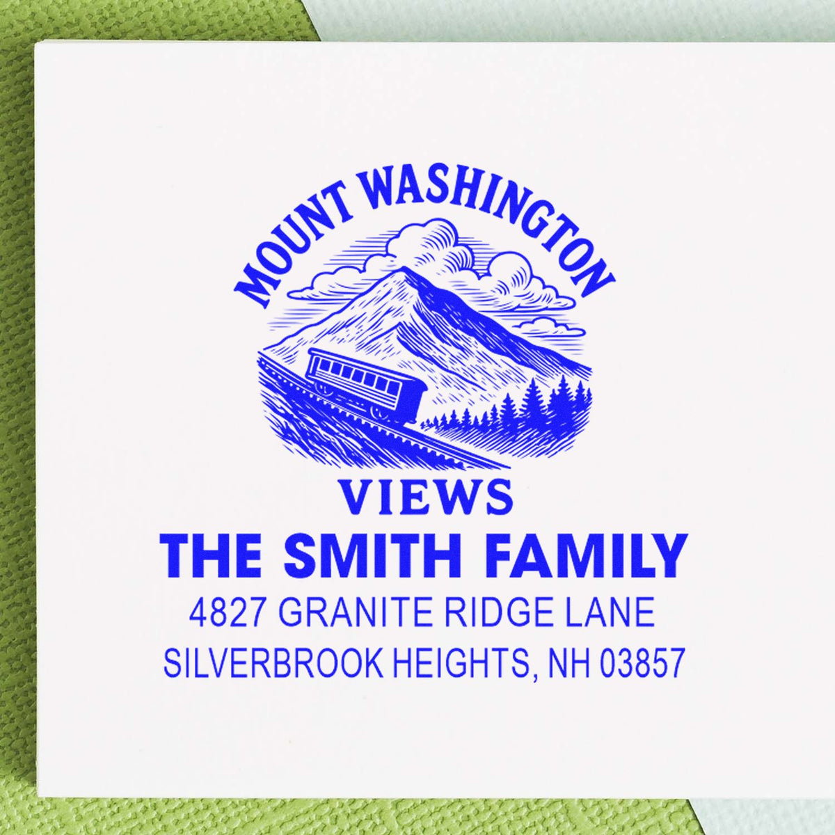 Custom Mount Washington Views address rubber stamp for The Smith Family, 4827 Granite Ridge Lane, Silverbrook Heights, NH.