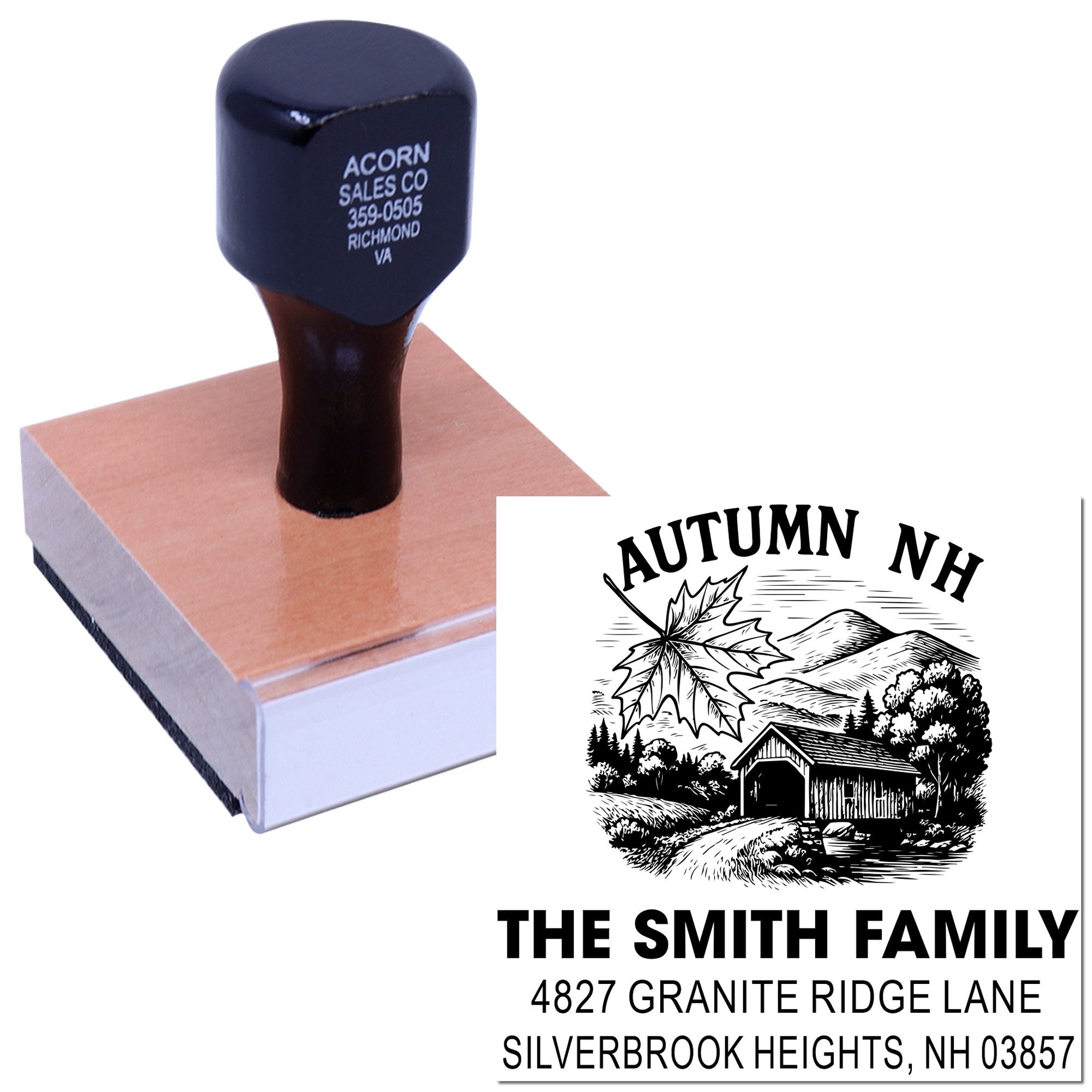 Personalized family return address rubber stamp with Autumn NH design and sample impression.