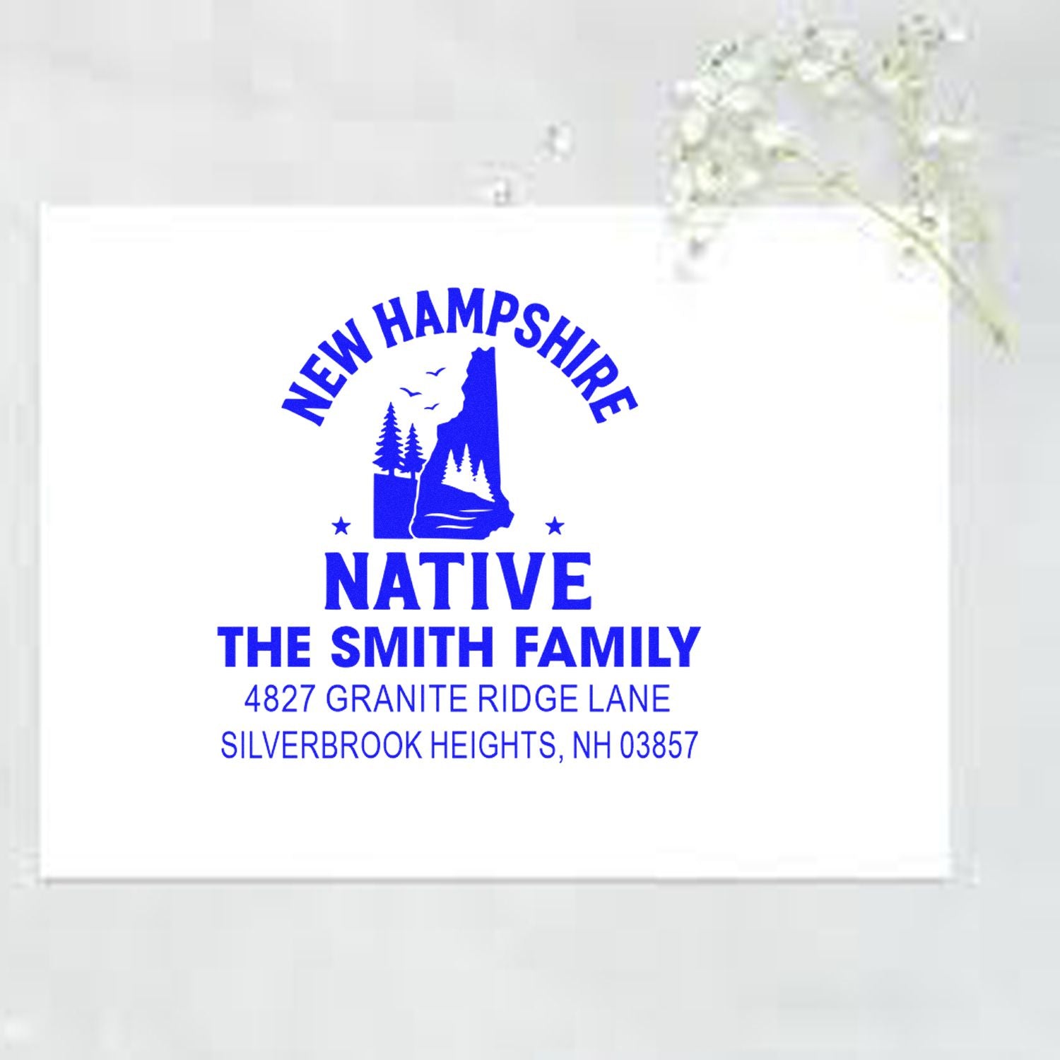 Custom New Hampshire Native family return address rubber stamp for The Smith Family, Silverbrook Heights, NH 03857
