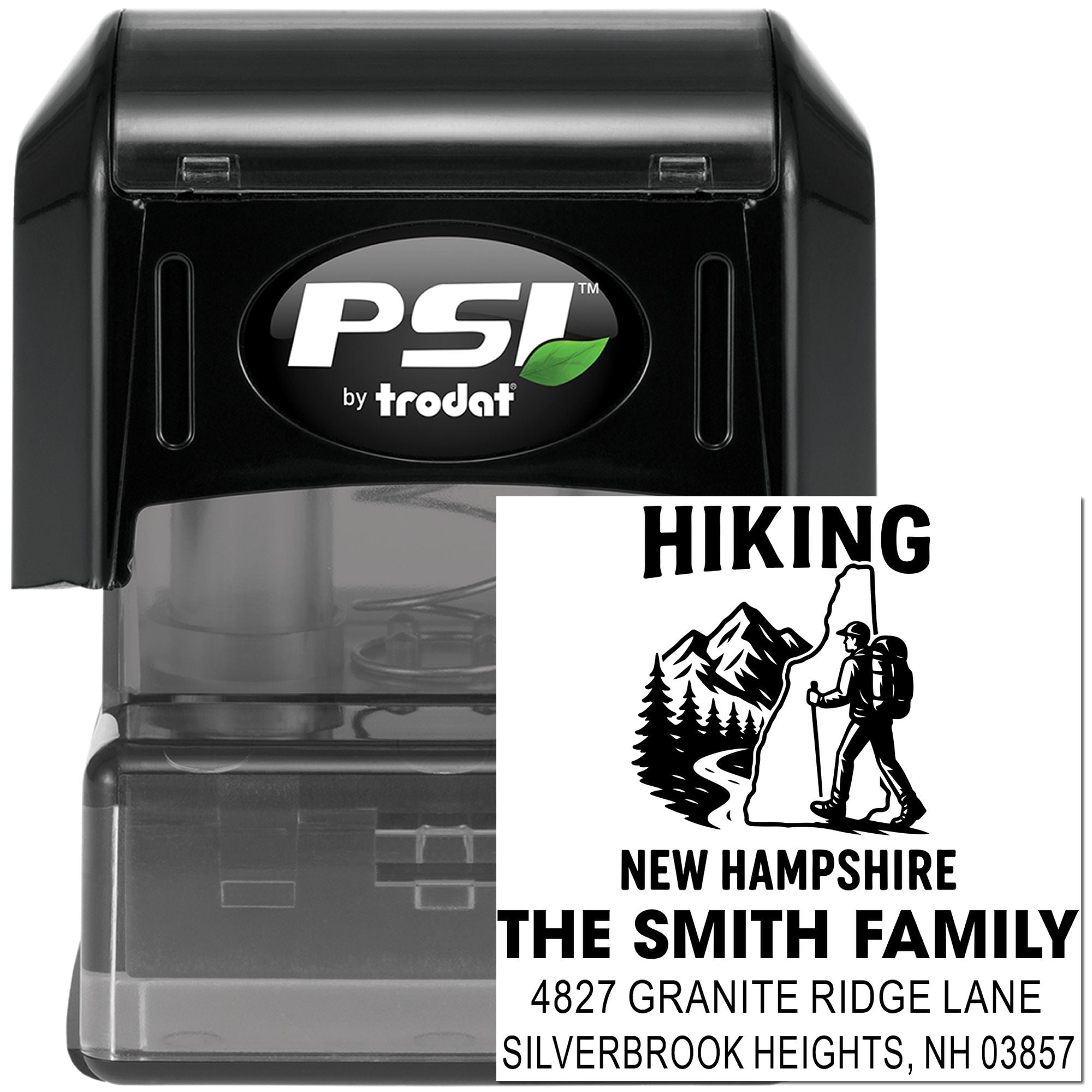 Custom hiking self-inking rubber stamp by PSI by Trodat with family name, address, and New Hampshire trail design