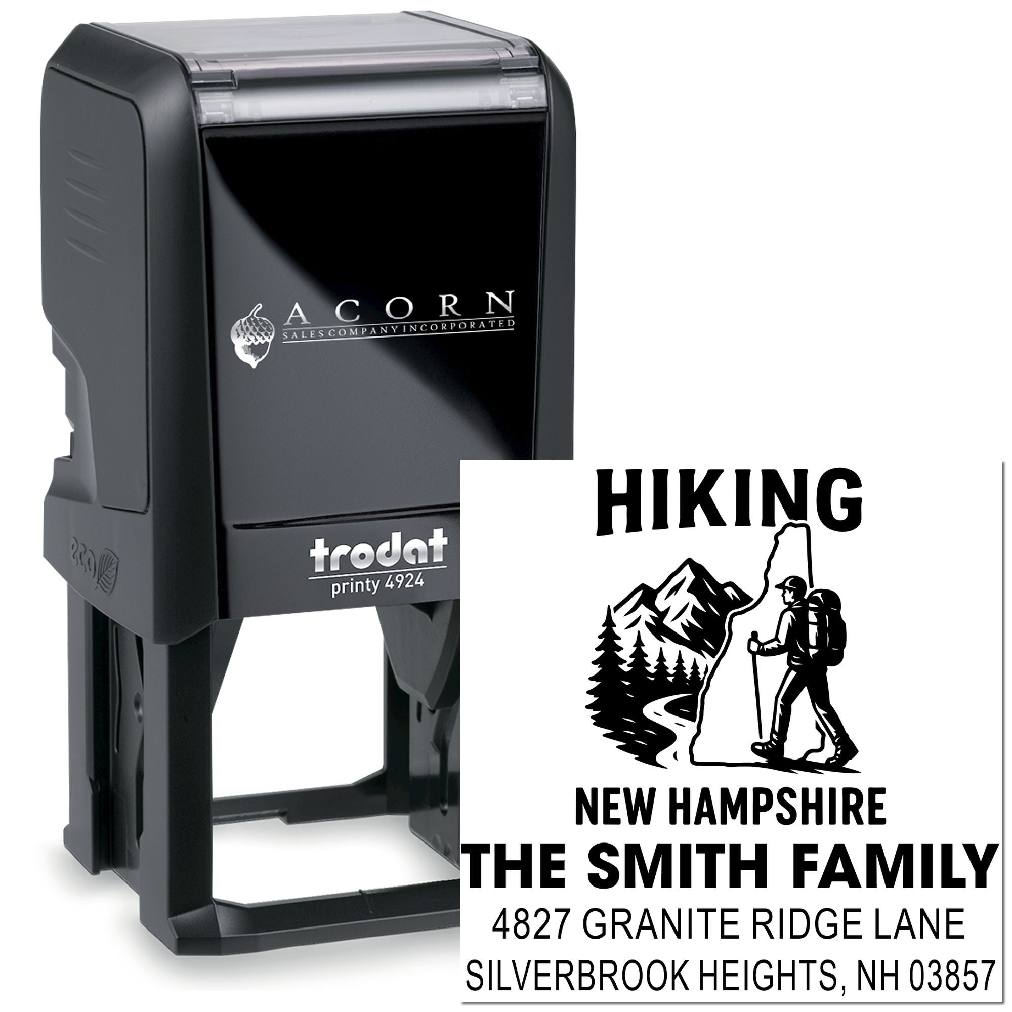 Custom hiking self-inking rubber stamp with family name and New Hampshire address for personalized mailing and branding.
