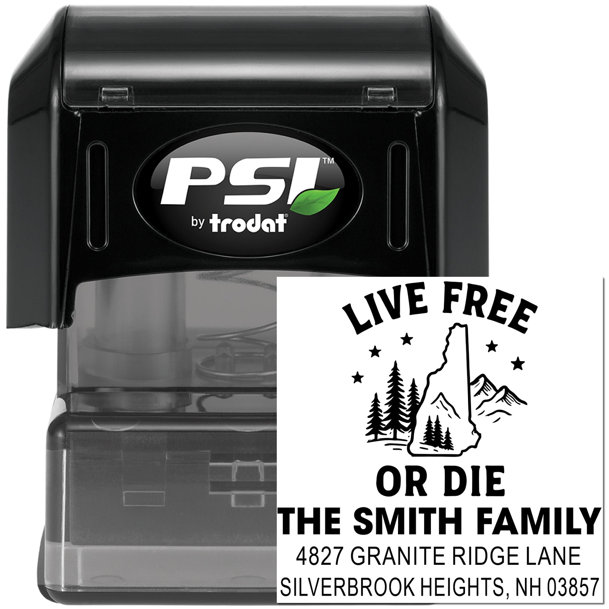 PSI by Trodat self-inking custom address stamp with New Hampshire Live Free or Die family design