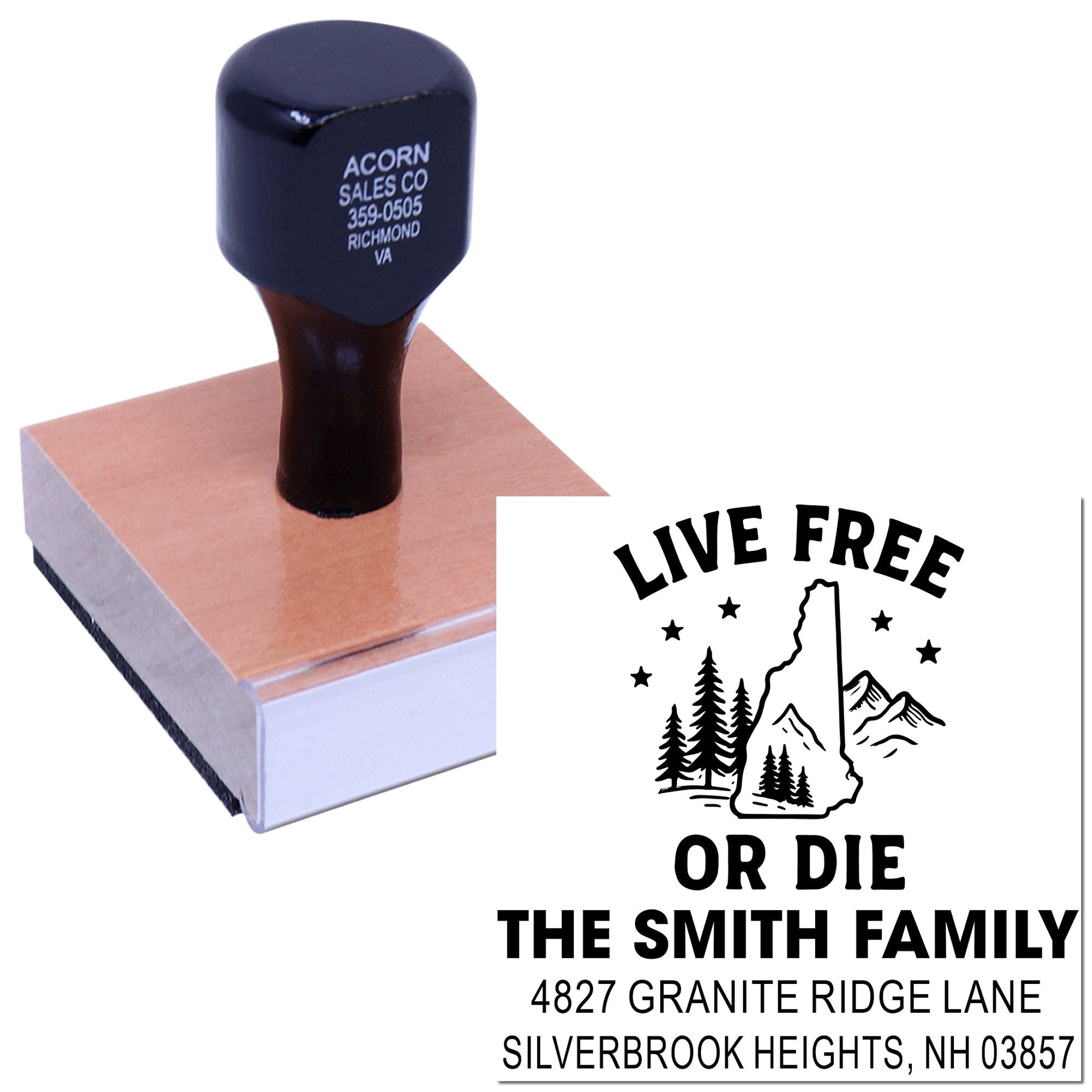 Personalized rubber stamp for custom return address, featuring a Live Free or Die New Hampshire family design.