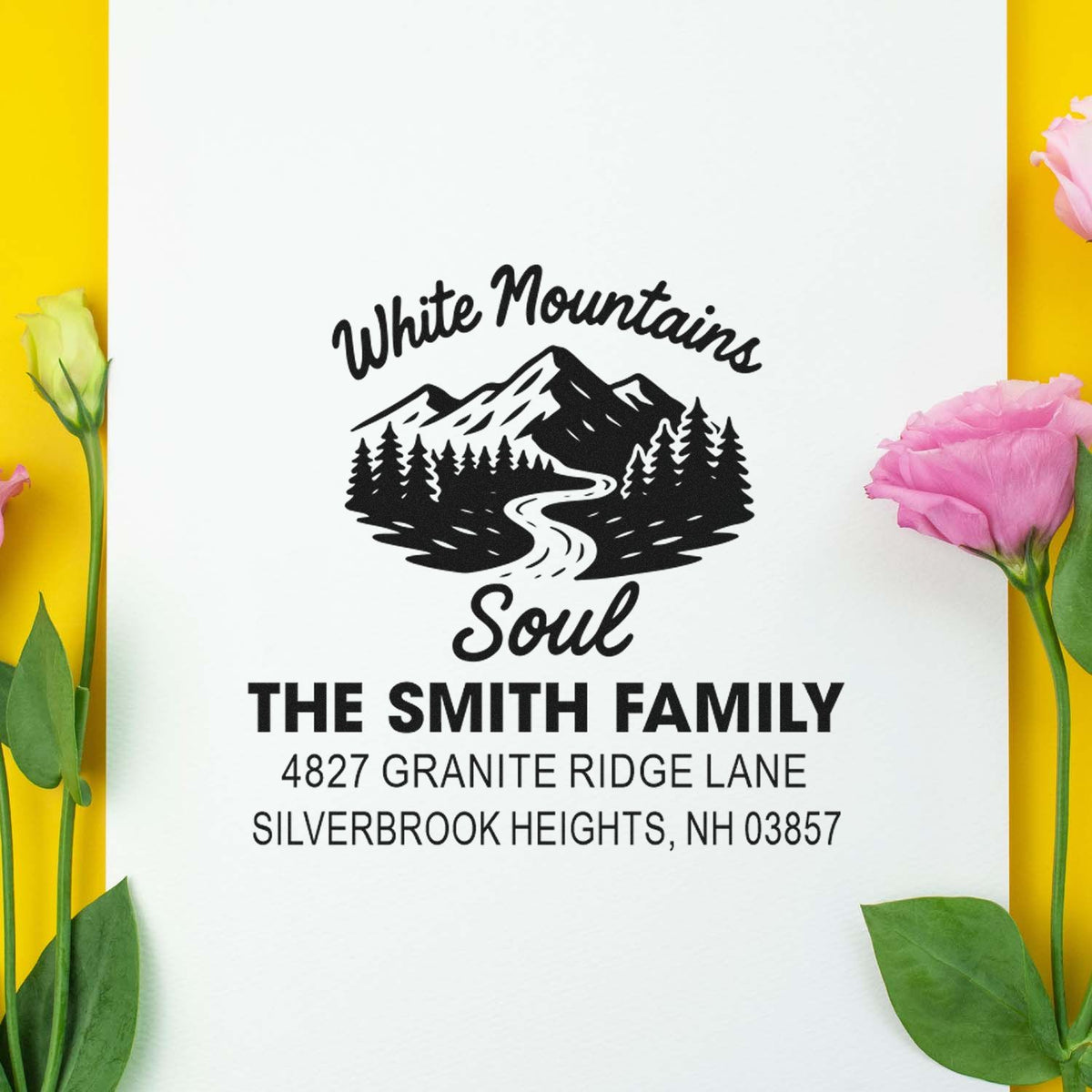 Custom return address rubber stamp with White Mountains Soul mountain logo and The Smith Family address.