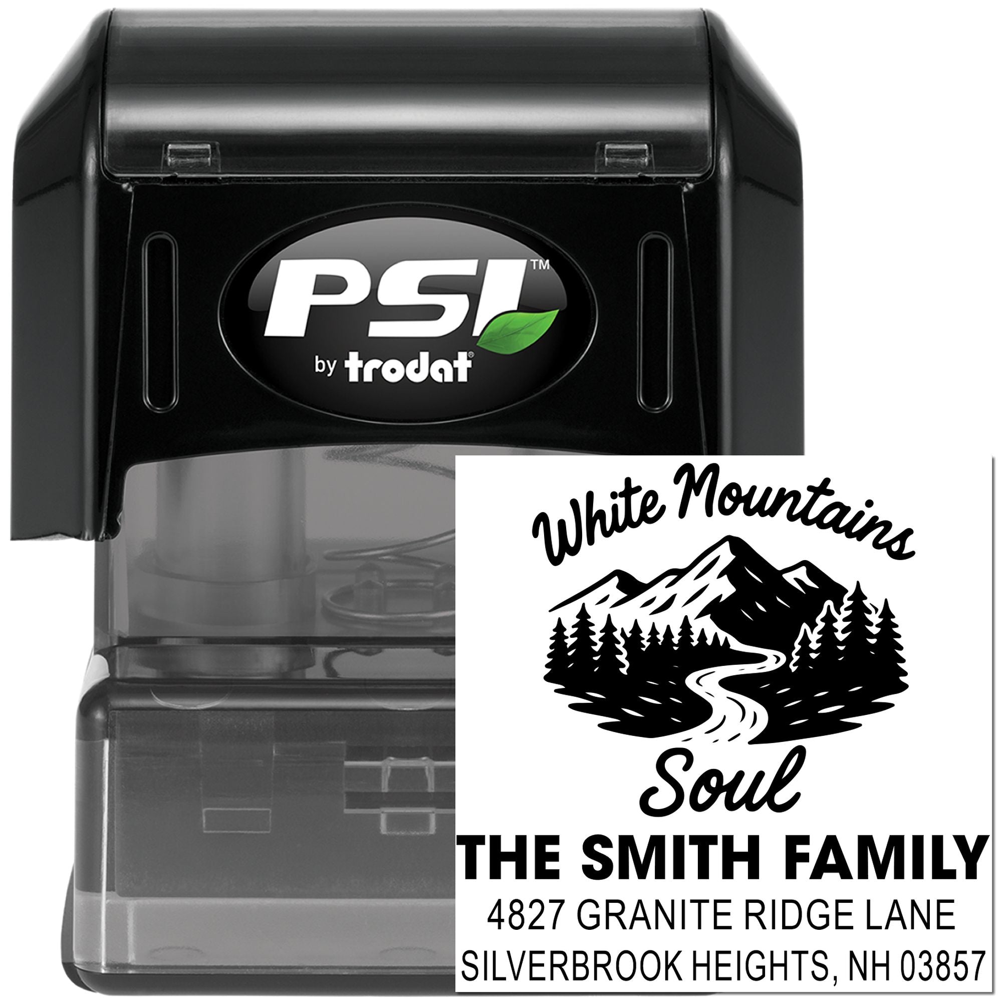 Self-inking PSI by Trodat custom address rubber stamp with White Mountains Soul family return address imprint.