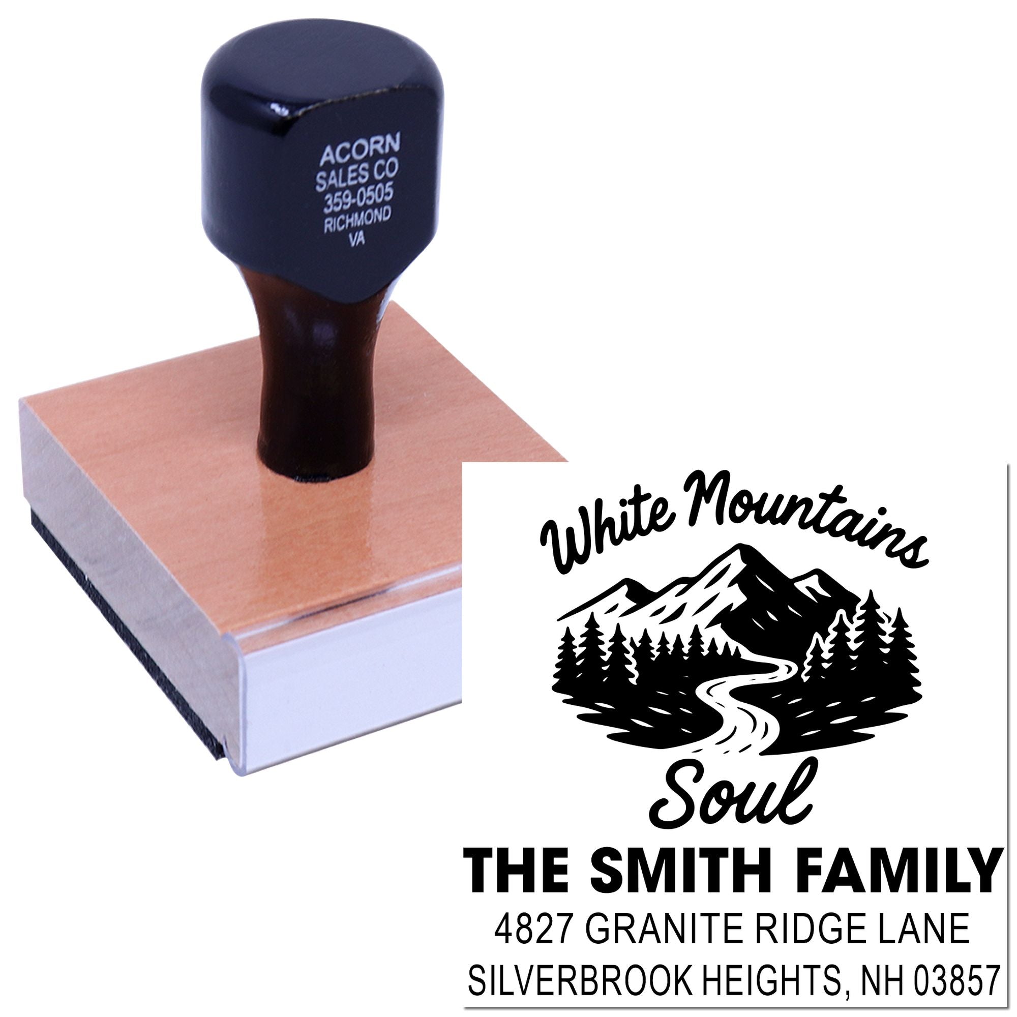 Custom address rubber stamp with mountain logo and The Smith Family return address imprint for personalized mailings.