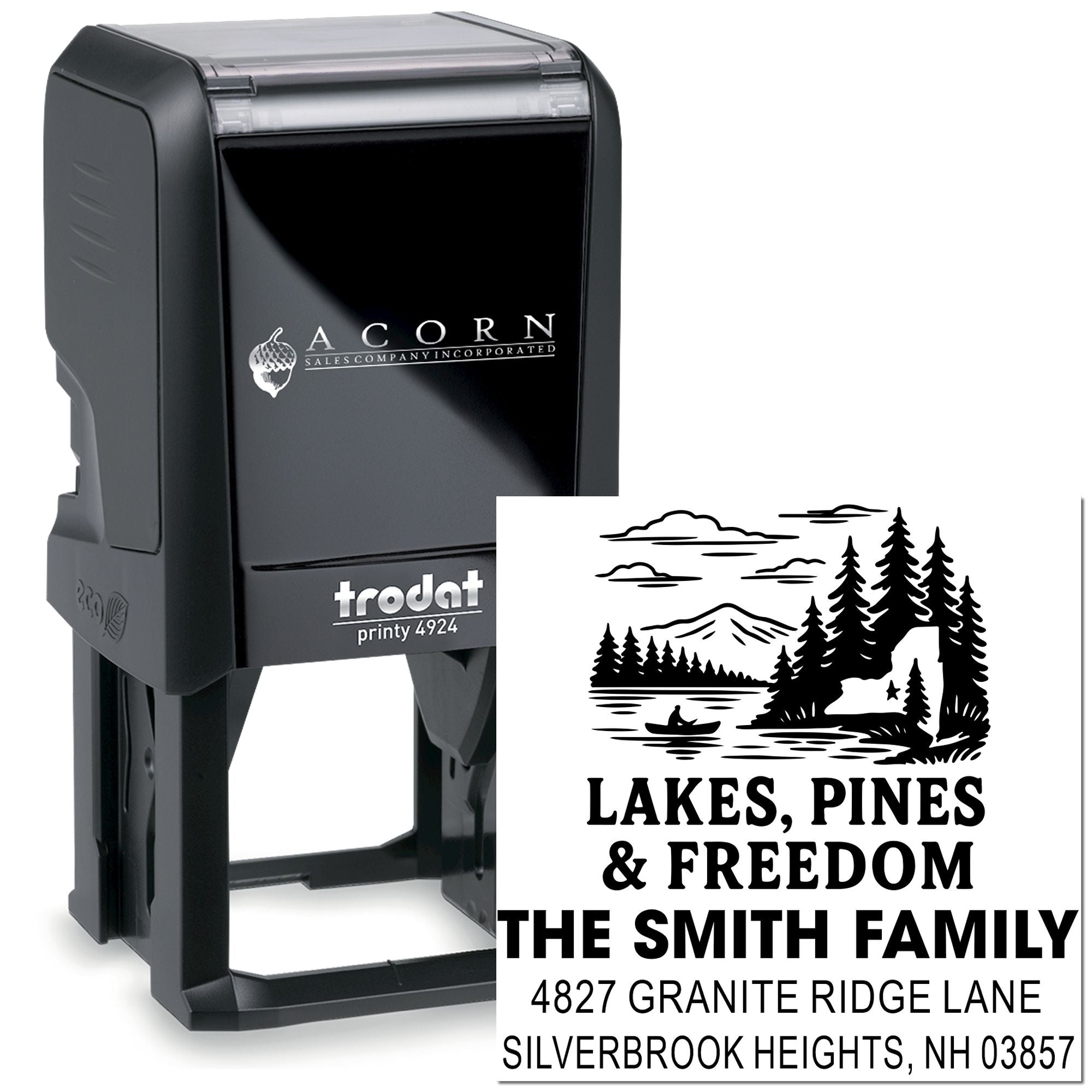 Custom self-inking return address rubber stamp with lakes, pines and freedom design for The Smith Family.