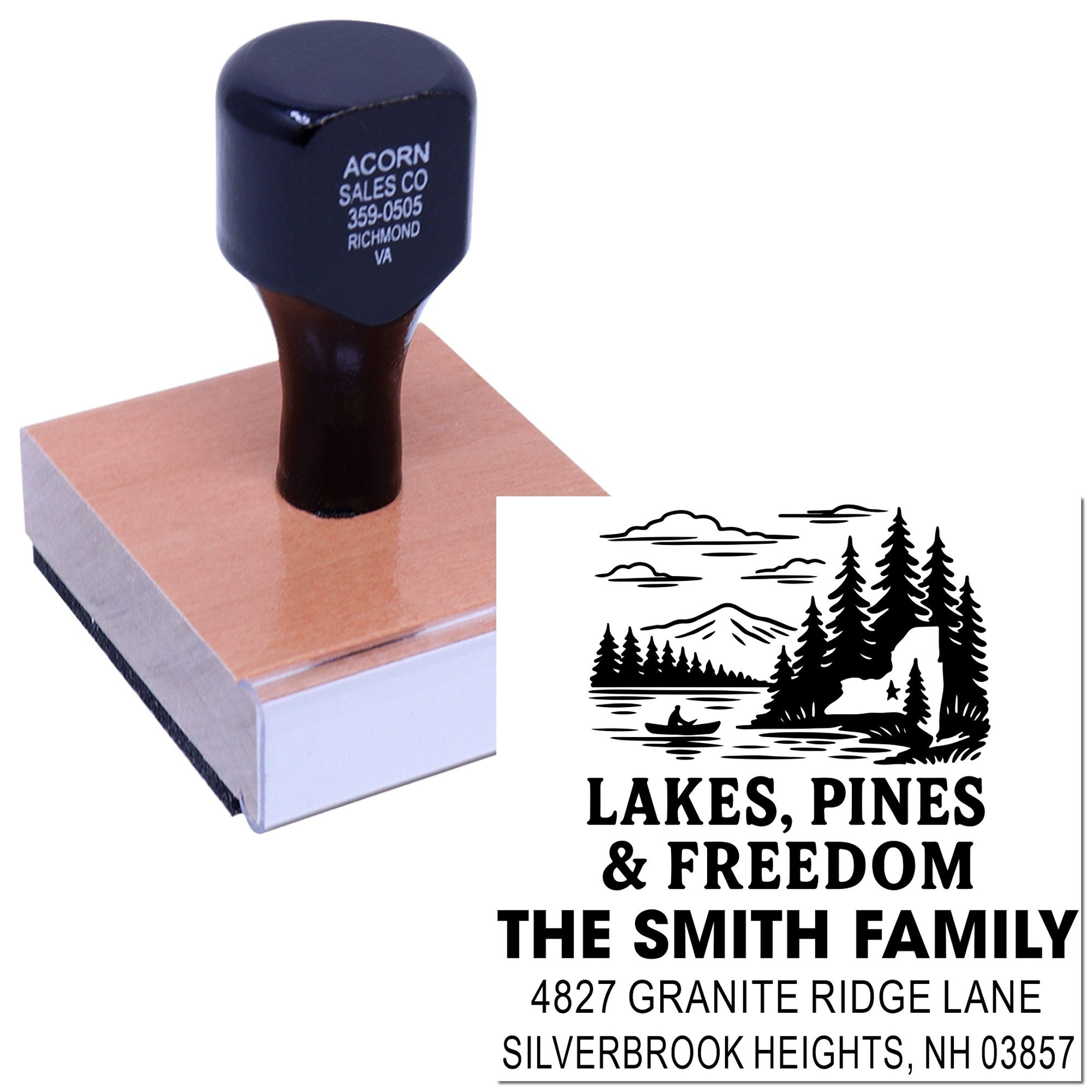 Custom mounted rubber stamp with Lakes, Pines & Freedom family address design