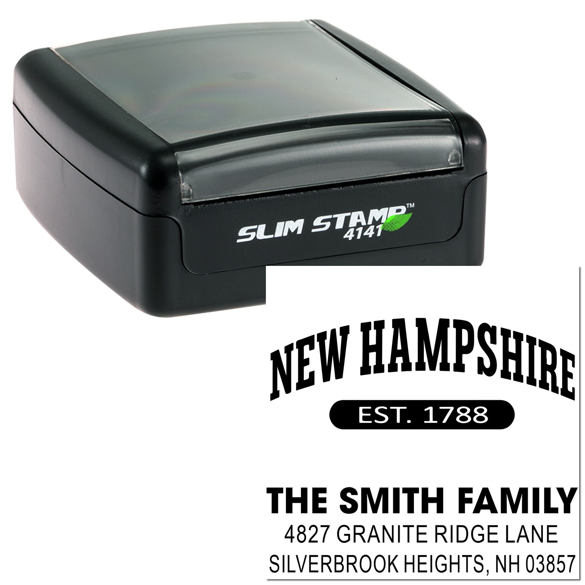 Custom self-inking rubber address stamp with New Hampshire family name, return address, and EST. 1788 design.