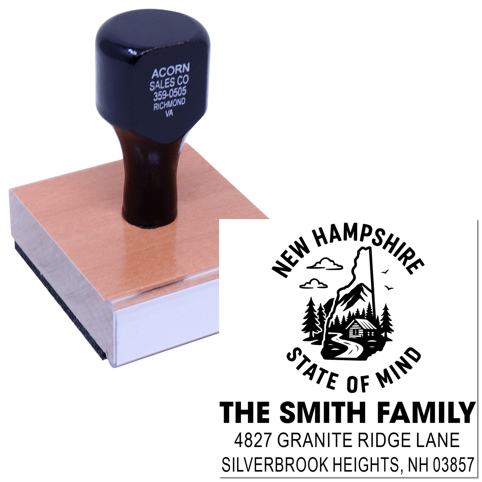 Custom family return address rubber stamp with New Hampshire state logo and address imprint