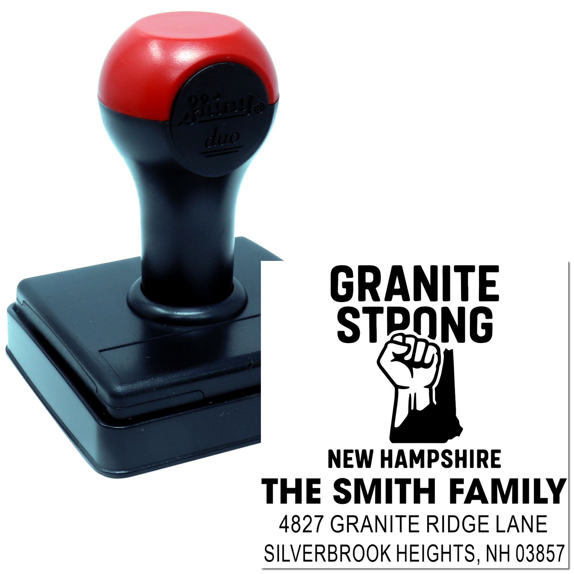 Custom Granite Strong New Hampshire self-inking rubber stamp for personalized family name and address imprint