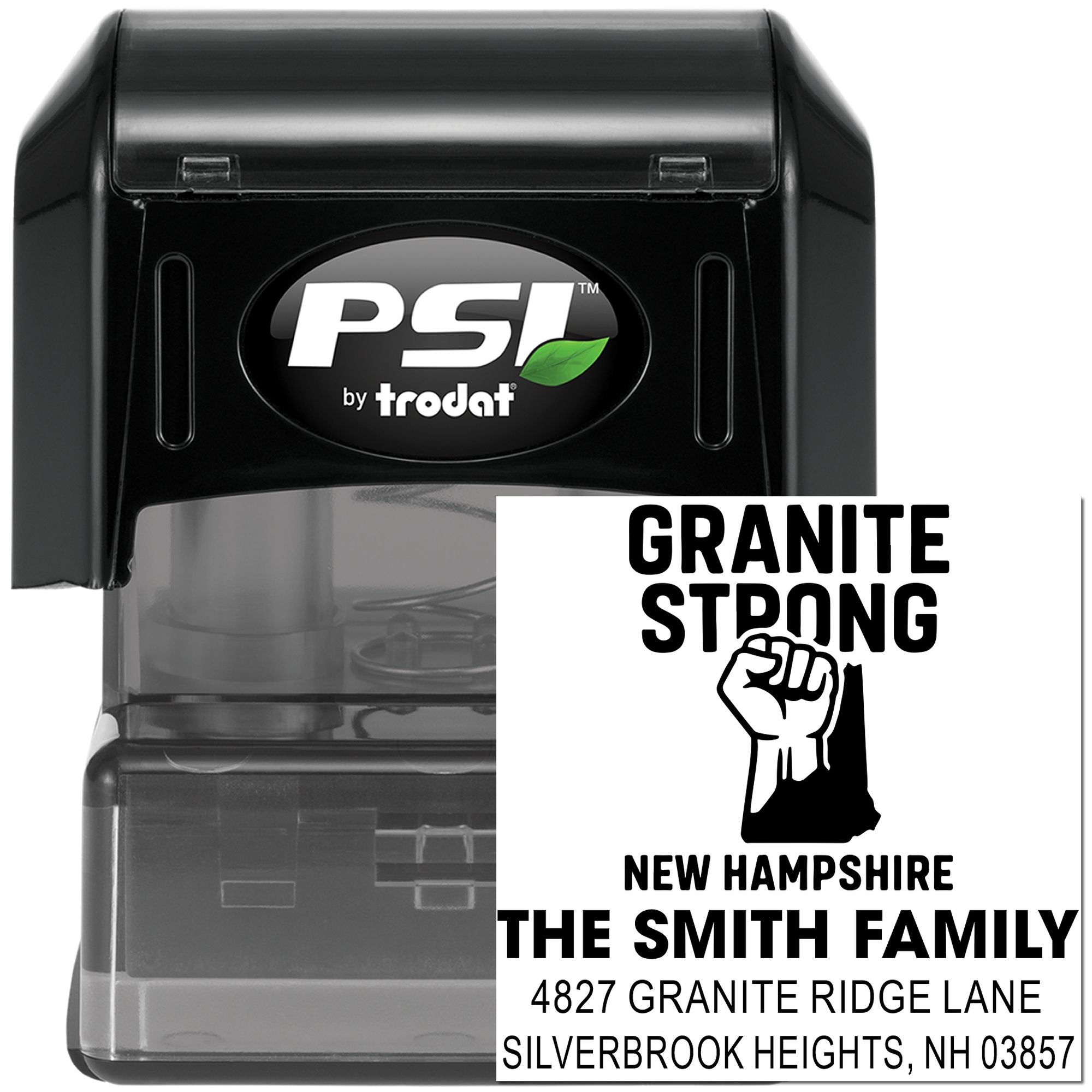 PSI by Trodat self-inking rubber stamp showing a custom Granite Strong New Hampshire family return address design.