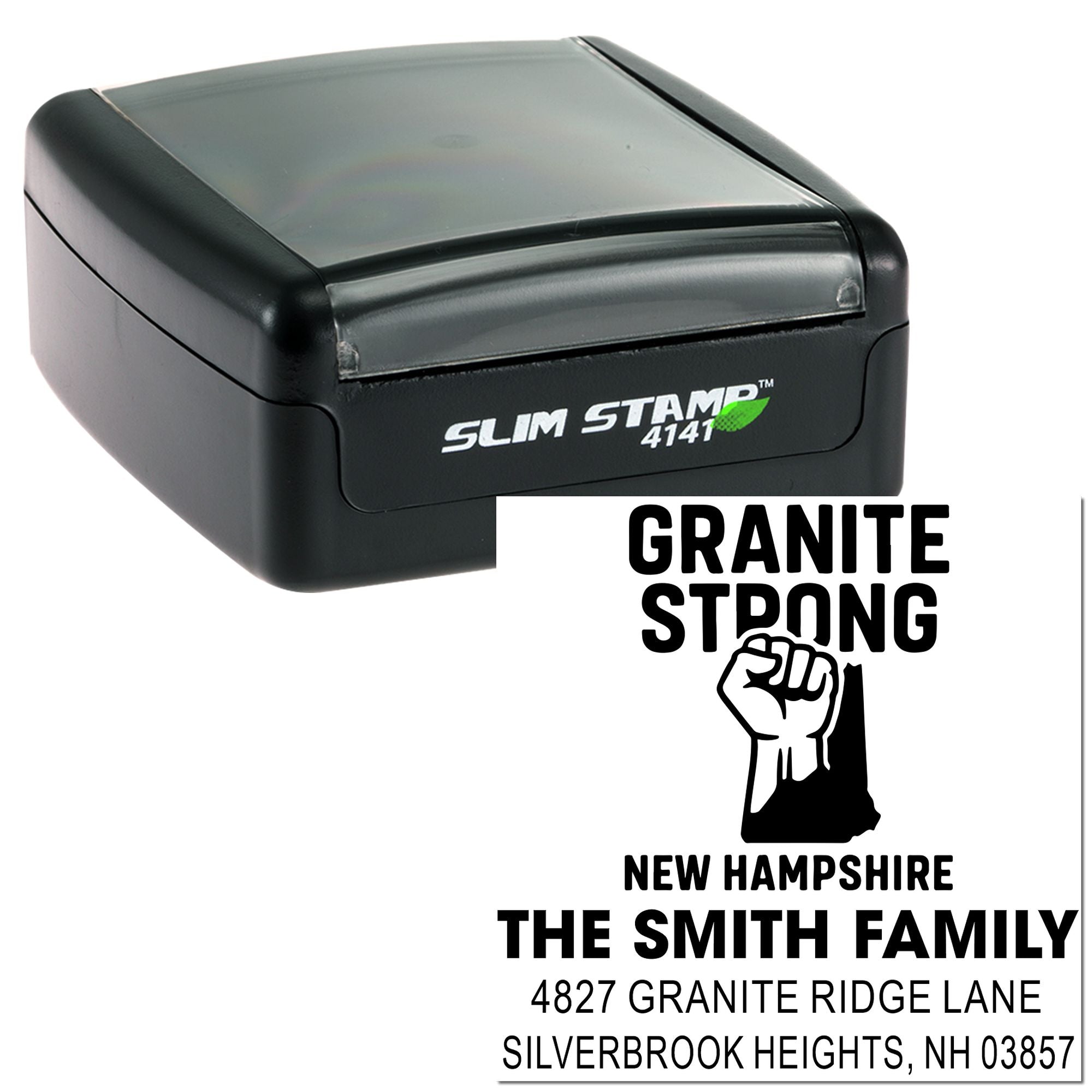 Slim Stamp 4141 custom address rubber stamp with Granite Strong New Hampshire return address design for The Smith Family.