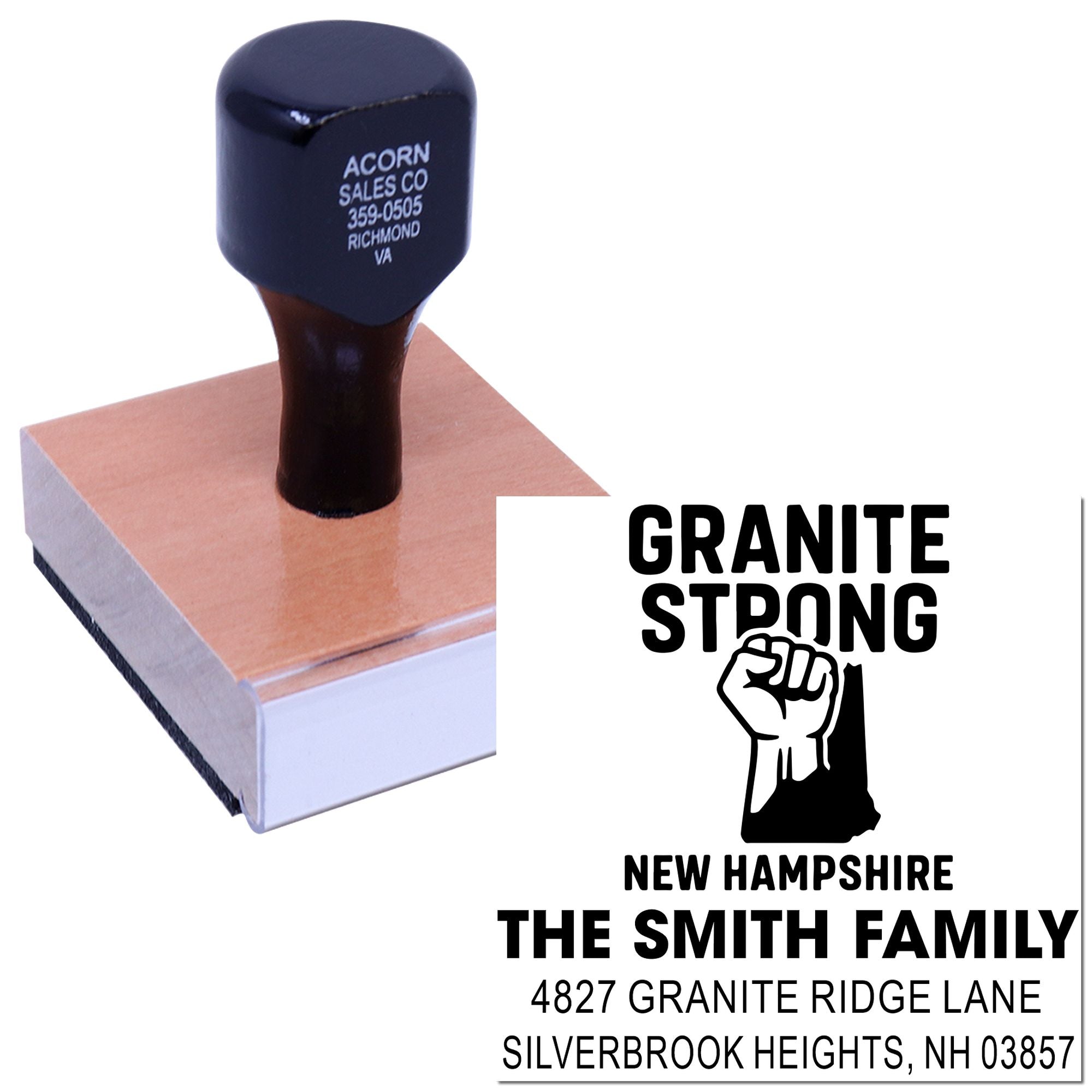 Custom Granite Strong New Hampshire rubber stamp with family name and address imprint