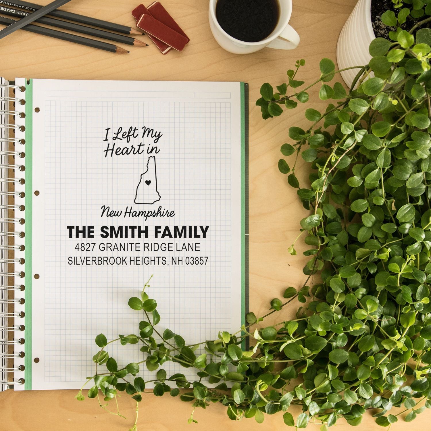 Custom family address rubber stamp design featuring New Hampshire state outline for personalized return address labels.