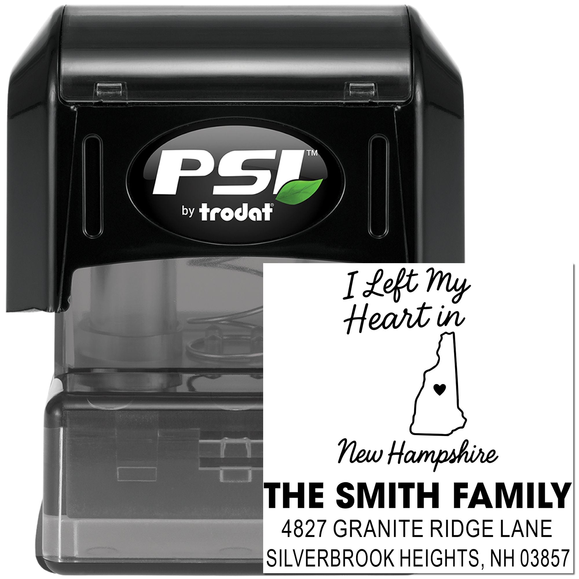 Custom self-inking rubber address stamp by PSI Trodat with New Hampshire return address design.
