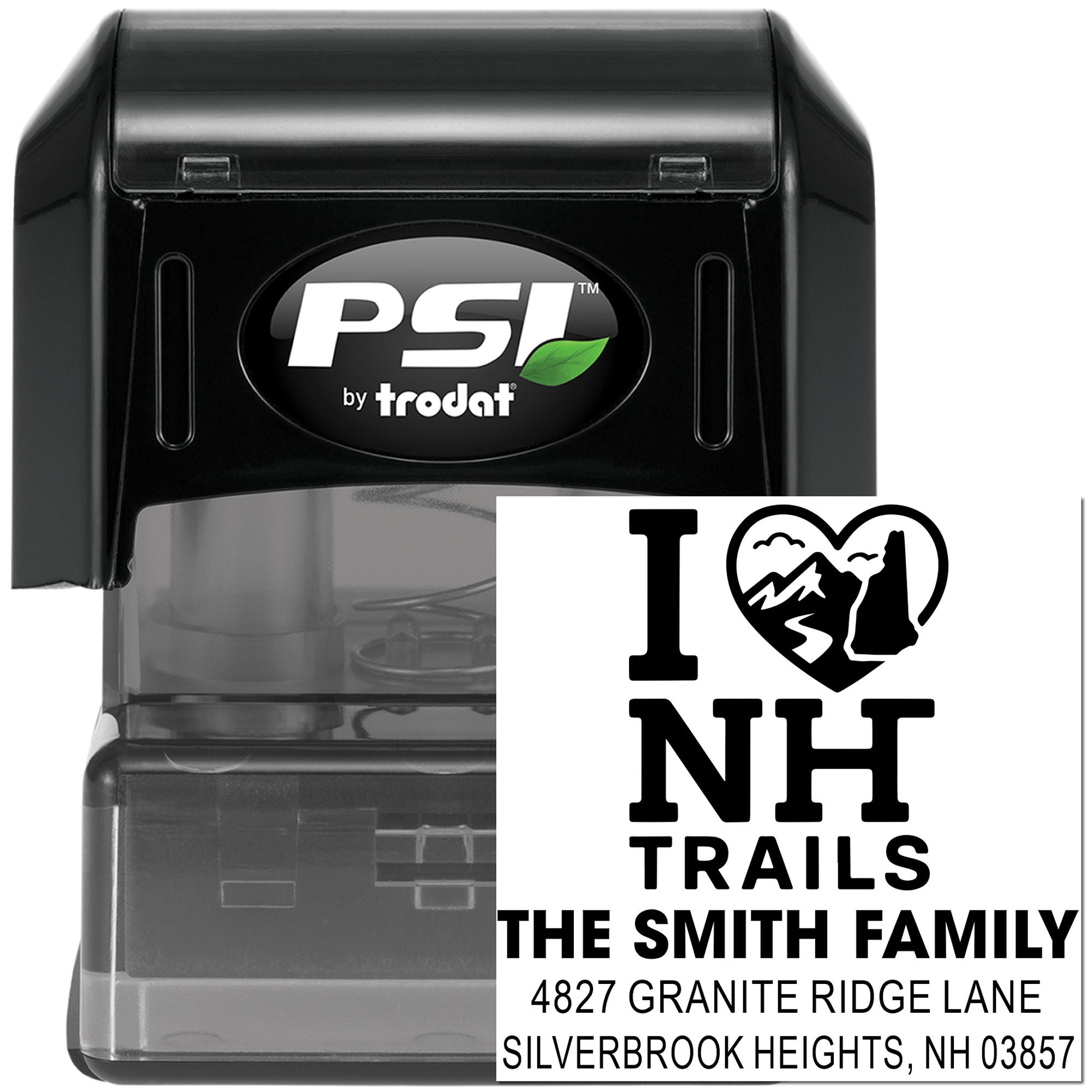 Custom self-inking rubber stamp by PSI Trodat featuring I love NH Trails family address design for personalized mailings.