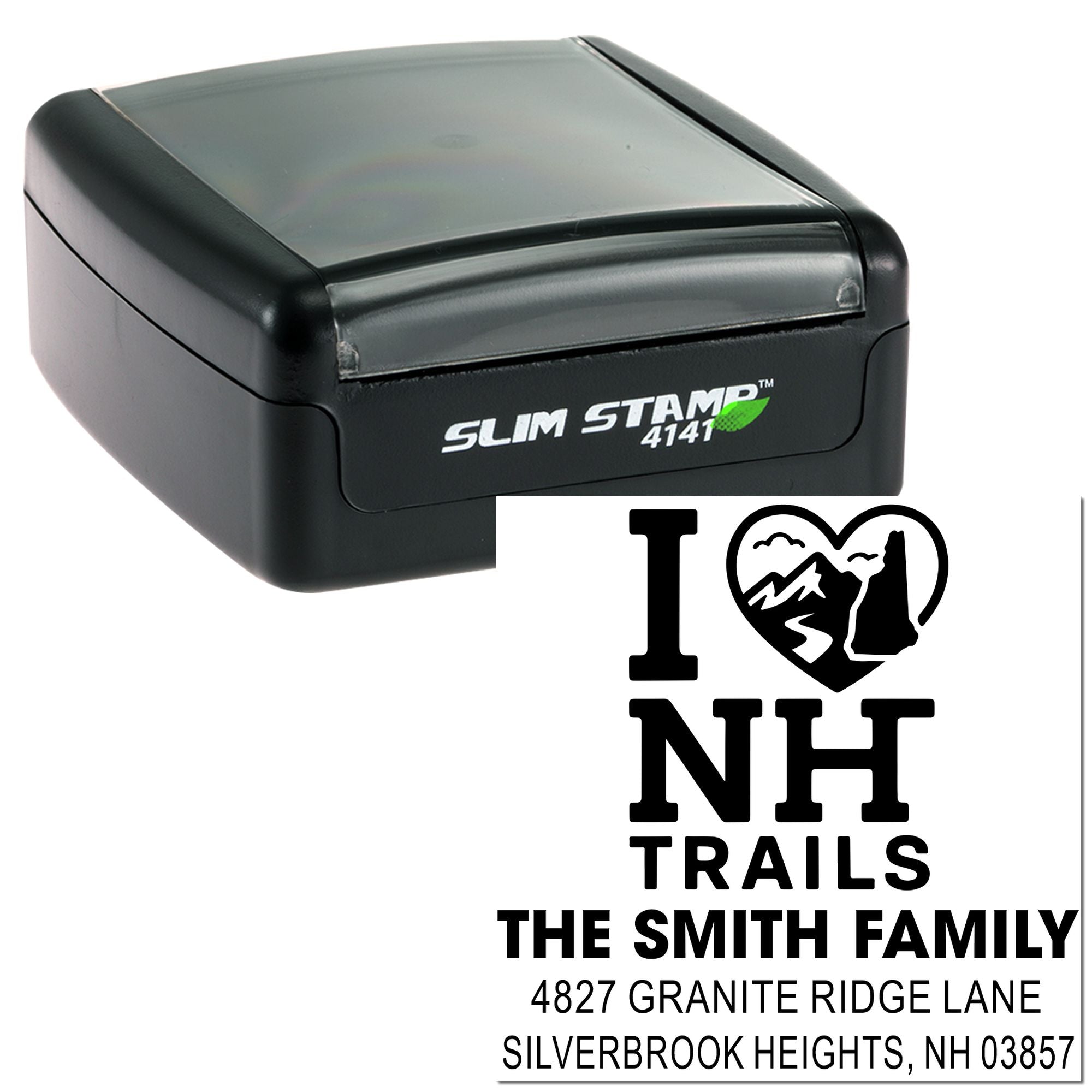 Custom self-inking return address rubber stamp with I Love NH Trails family name and address for personalized mailing.