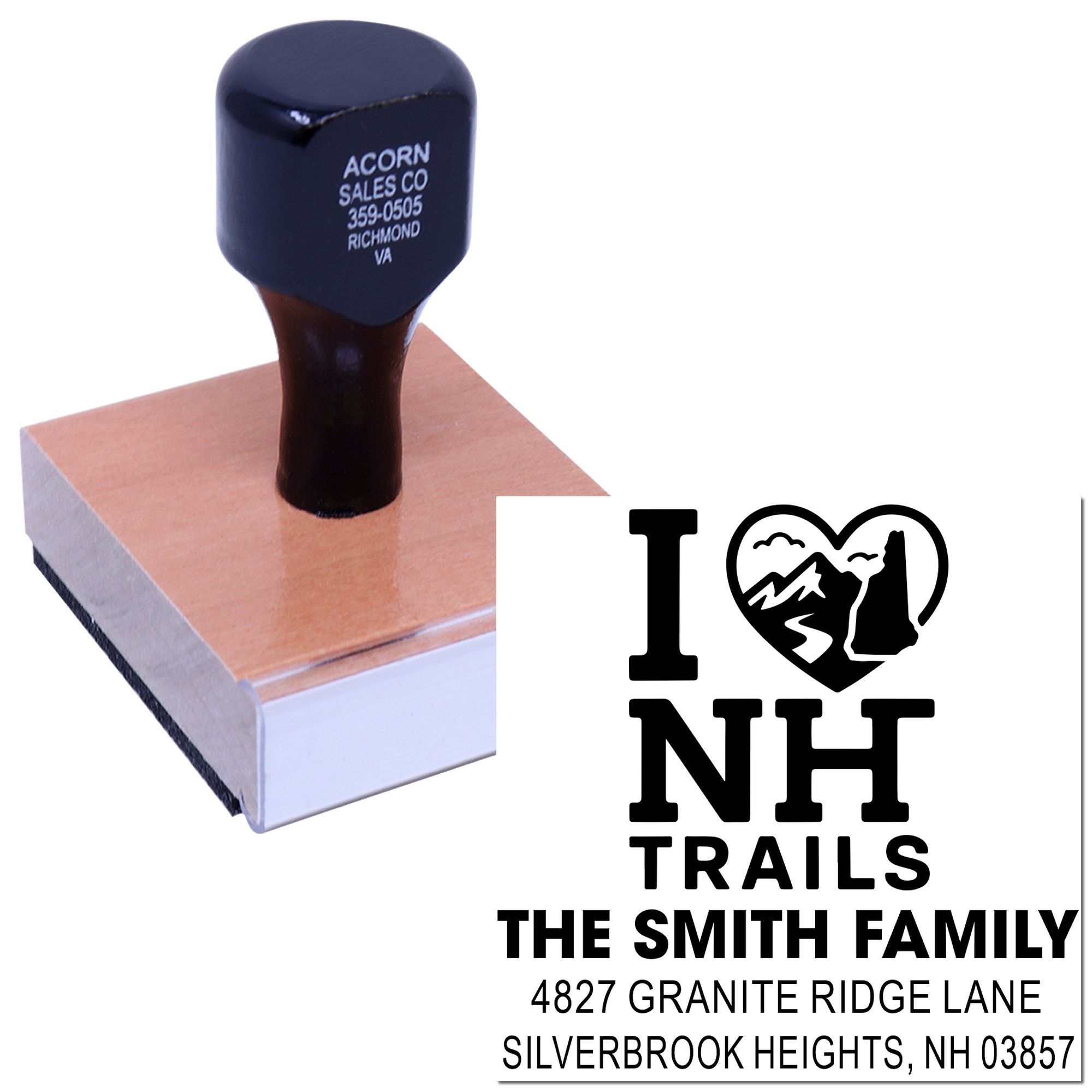 Custom rubber stamp with NH Trails logo and Smith family return address imprint
