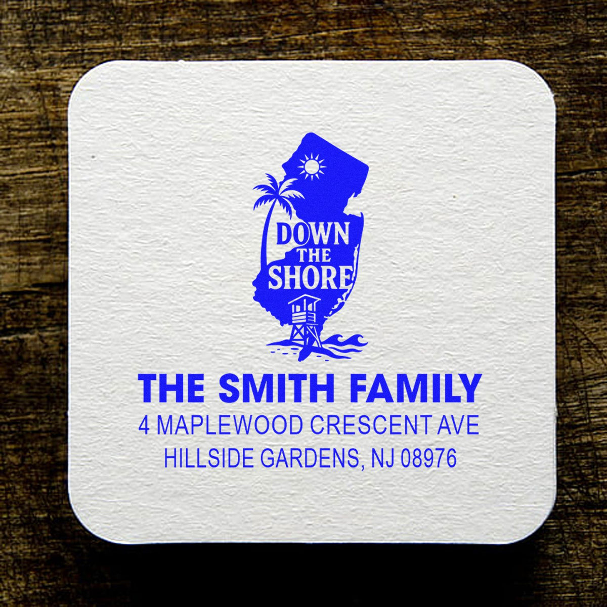 Personalized rubber stamp for the Smith family address, featuring a New Jersey shore design and Down the Shore text.