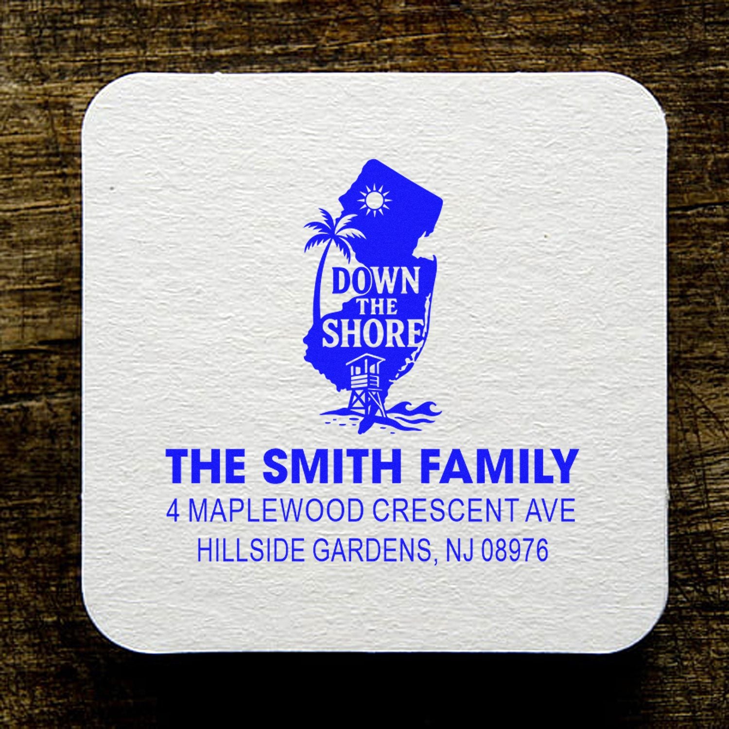 Custom return address rubber stamp with New Jersey Down the Shore beach design for The Smith Family.