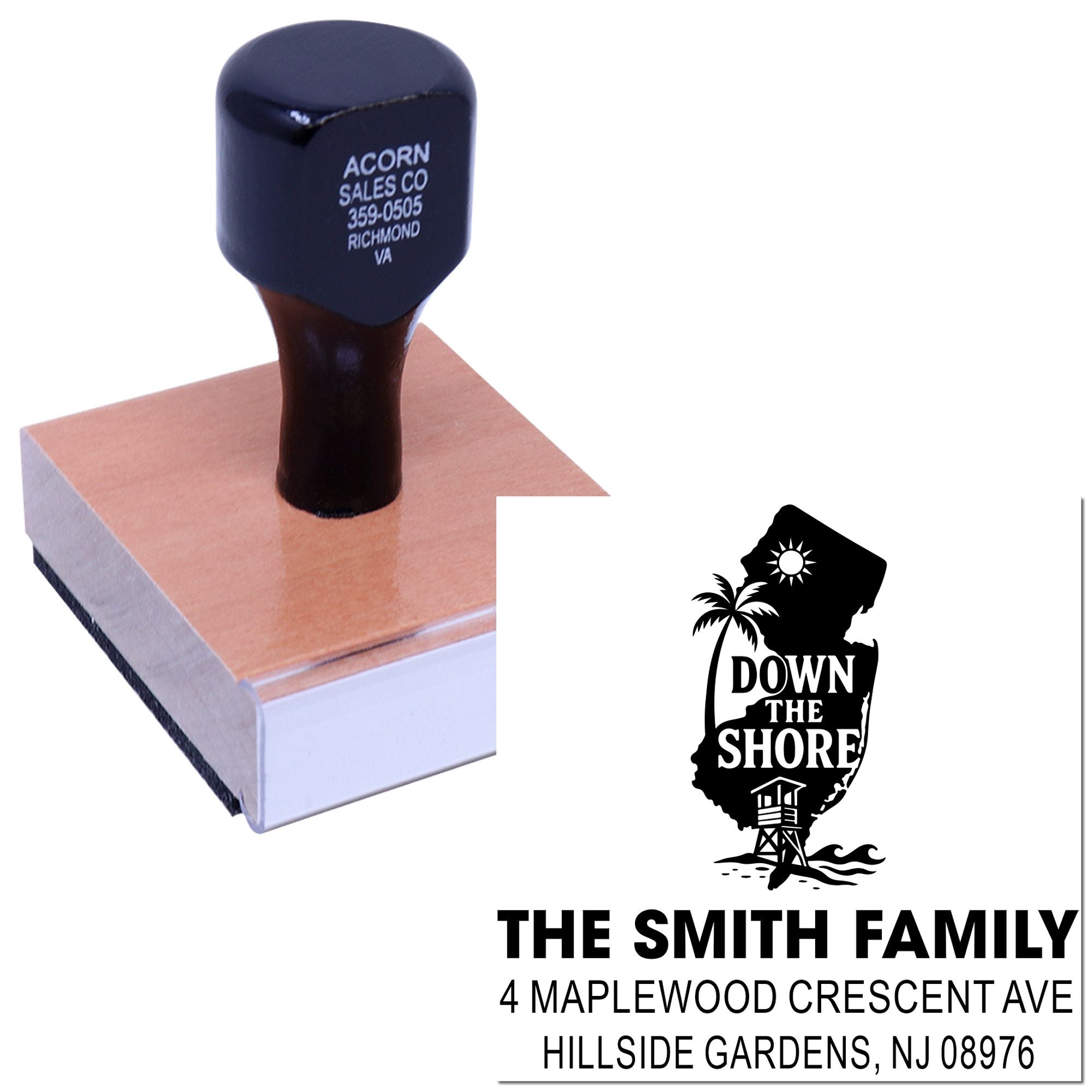 Custom return address rubber stamp with Down the Shore New Jersey family address design for personalized beach house mailings.