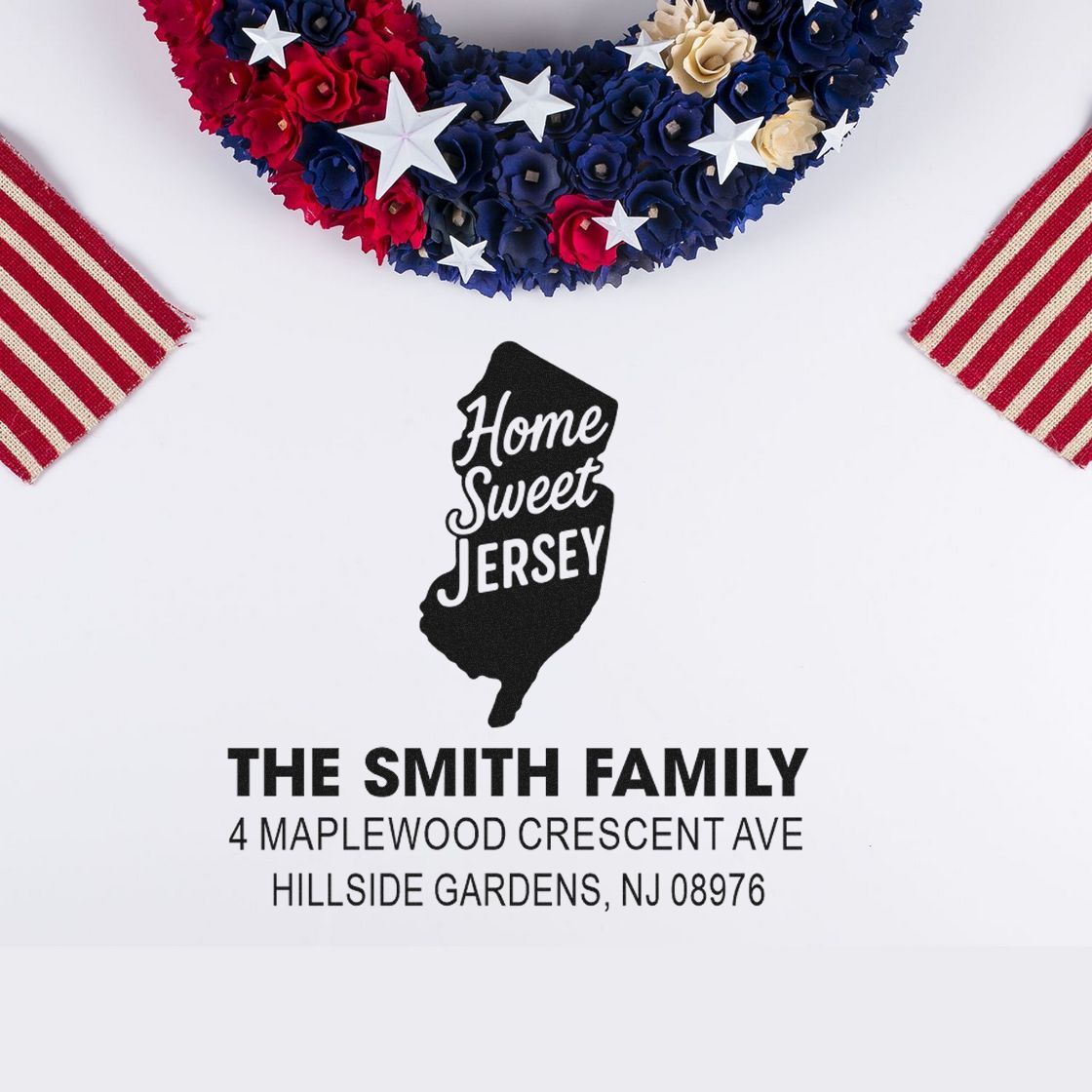 Home Sweet Jersey Custom Address Pre-Inked Stamp with Jersey Silhouette and Chic Script Design