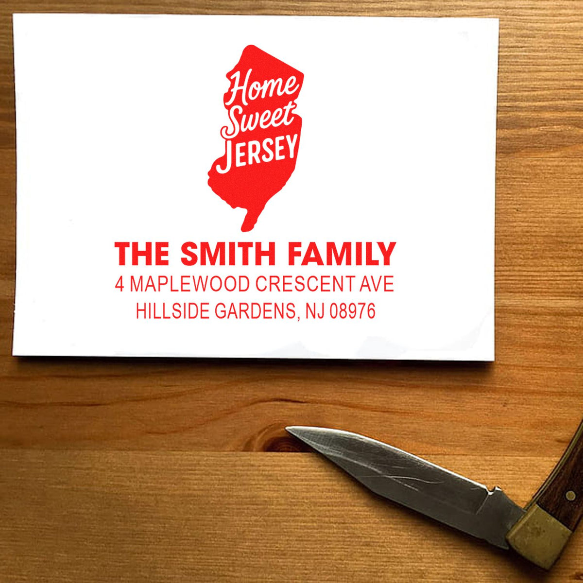 Custom Home Sweet Jersey return address rubber stamp for The Smith Family, personalized New Jersey address stamp design.