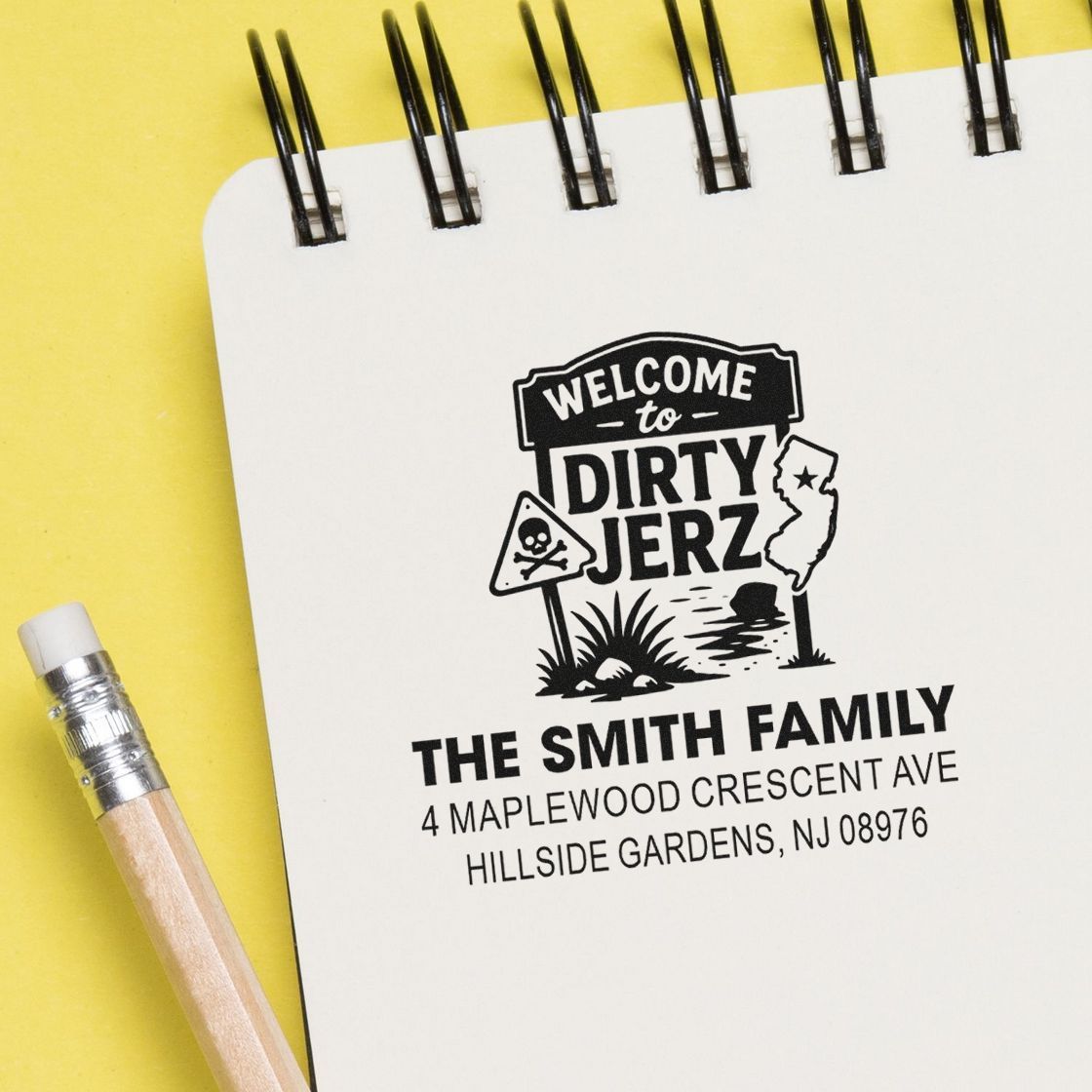 Custom return address rubber stamp with Welcome to Dirty Jerz design for the Smith family, New Jersey mailing label.
