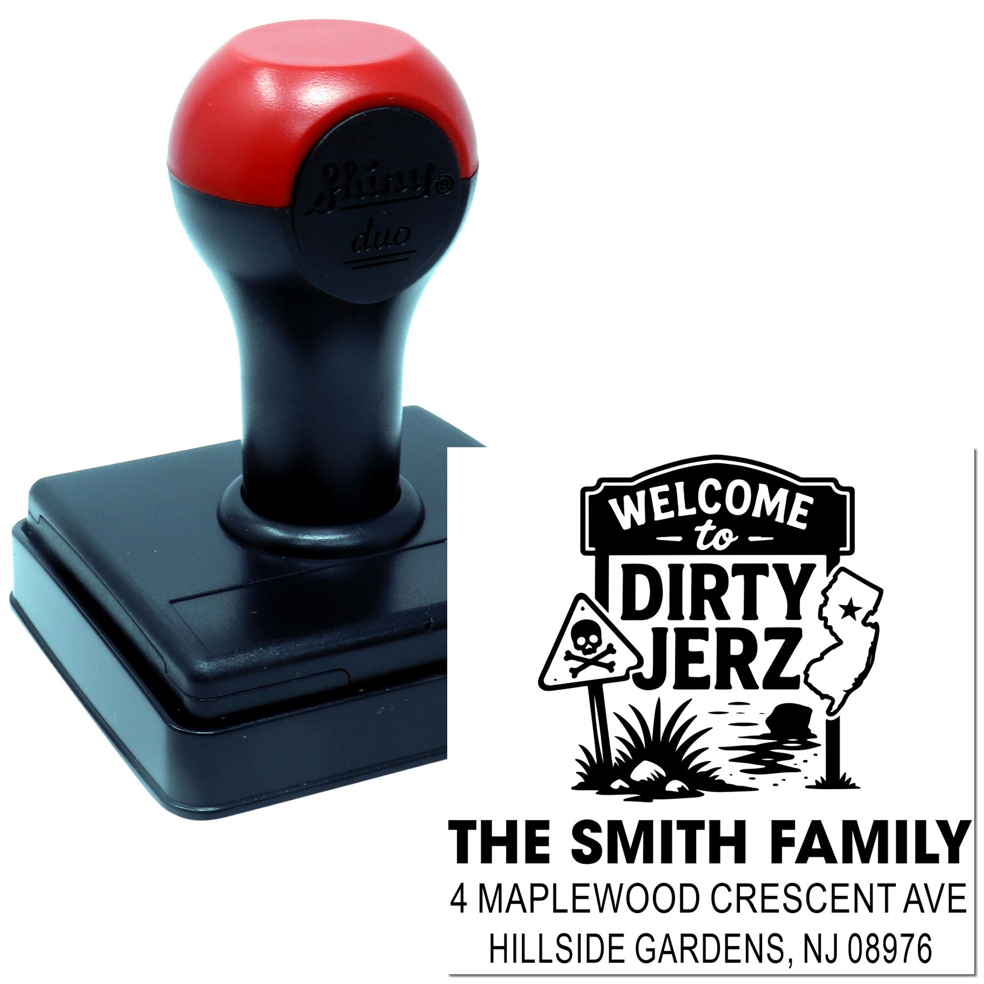 Custom self-inking rubber stamp with Welcome to Dirty Jerz design and Smith family return address for personalized mail and packaging.