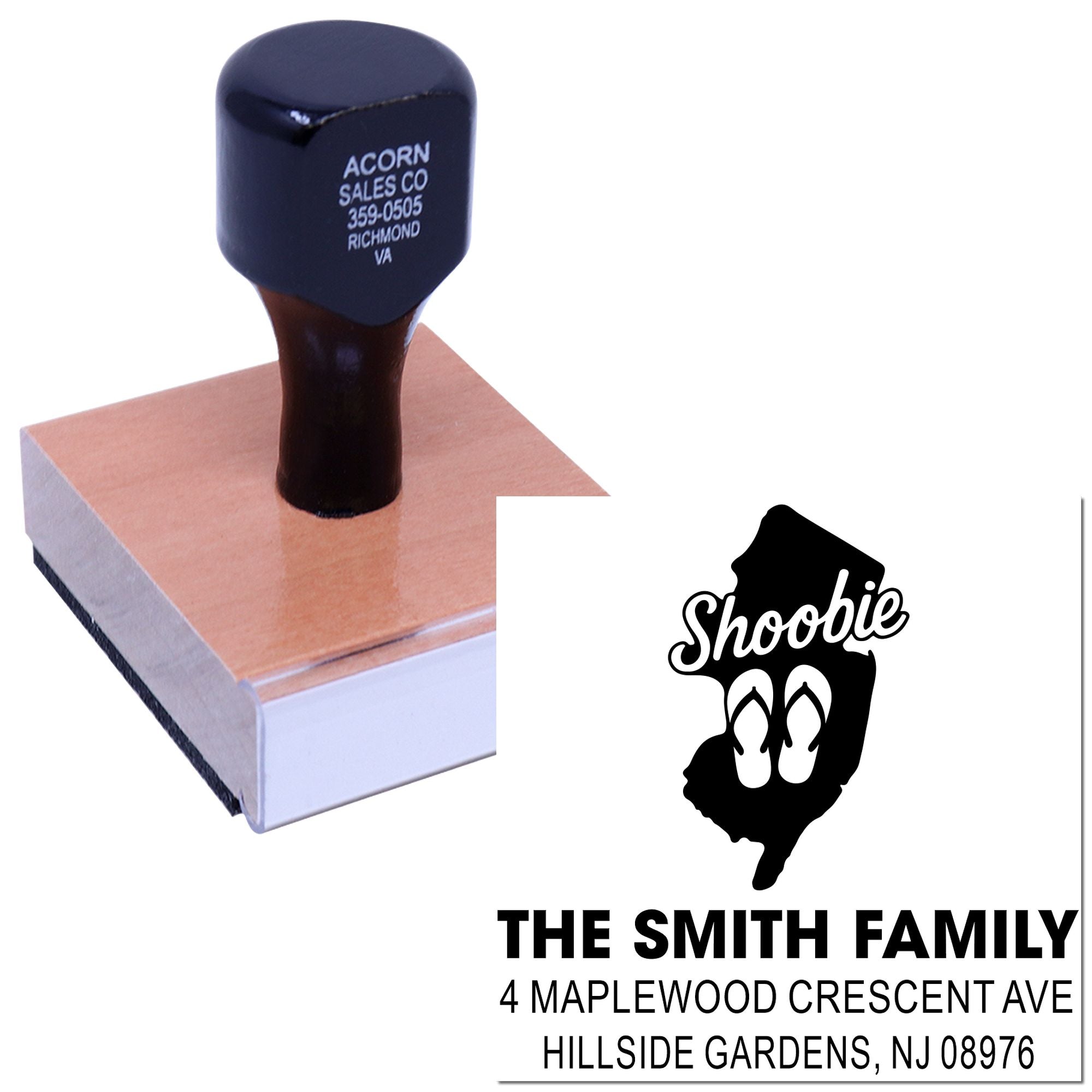 Custom rubber address stamp with New Jersey silhouette and Shoobie family design for personalized mailing and return addresses.