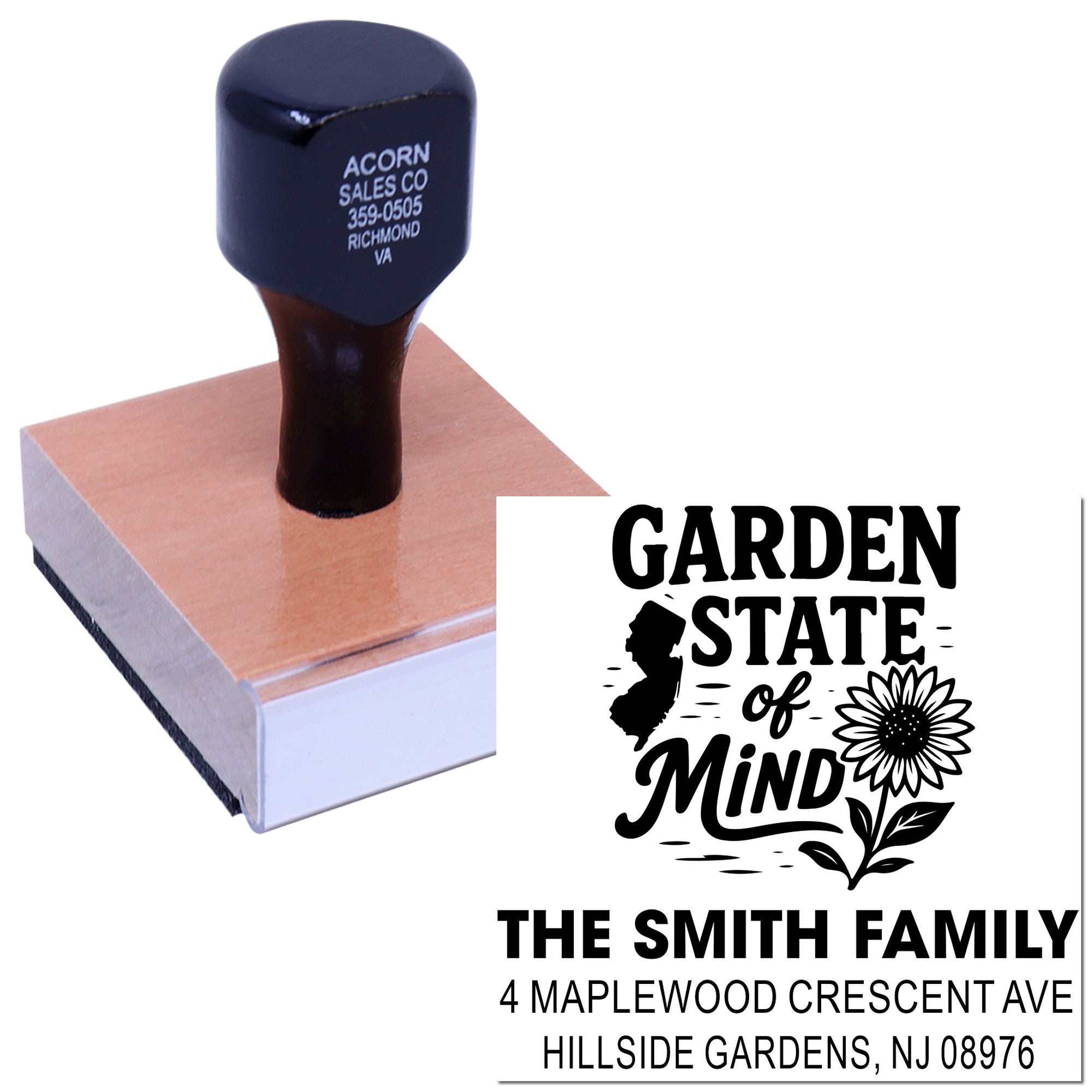Custom rubber address stamp featuring Garden State of Mind design for The Smith Family, Hillside Gardens, NJ.