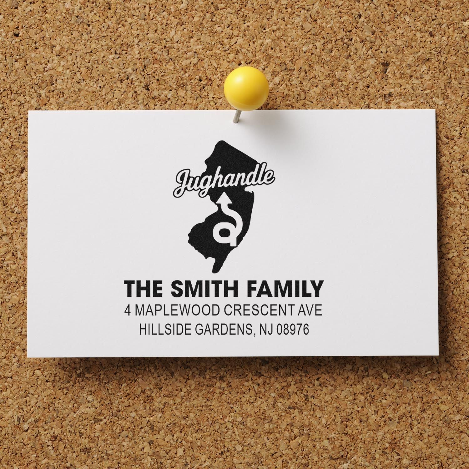 Custom New Jersey address rubber stamp for The Smith Family with Jughandle logo and mailing address.