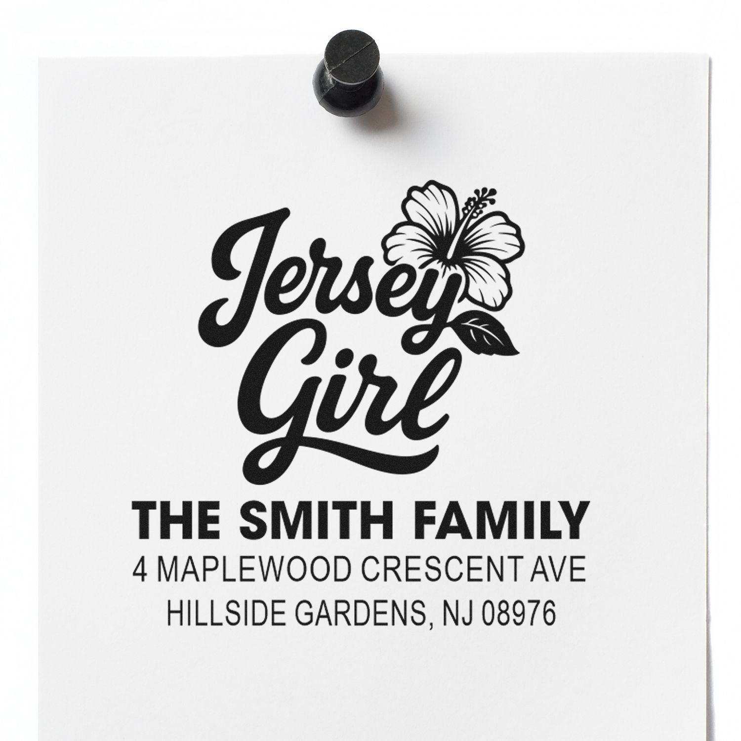 Custom Jersey Girl family address rubber stamp with name, Hillside Gardens NJ address, and hibiscus floral design.