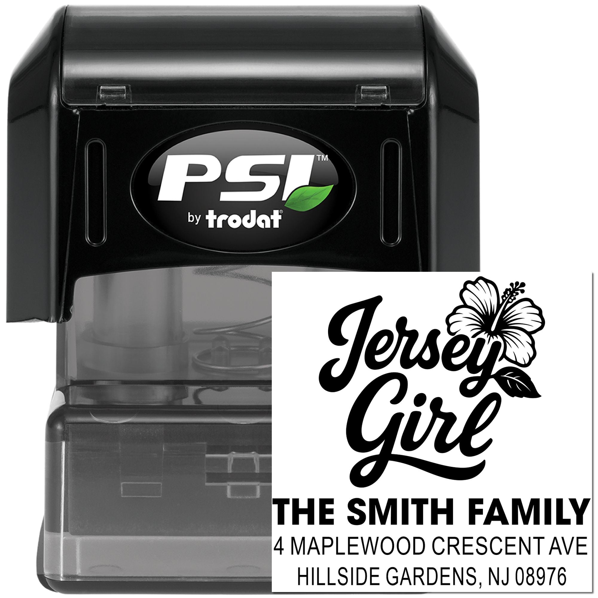 Custom self-inking rubber address stamp with Jersey Girl design and Hillside Gardens, NJ return address.